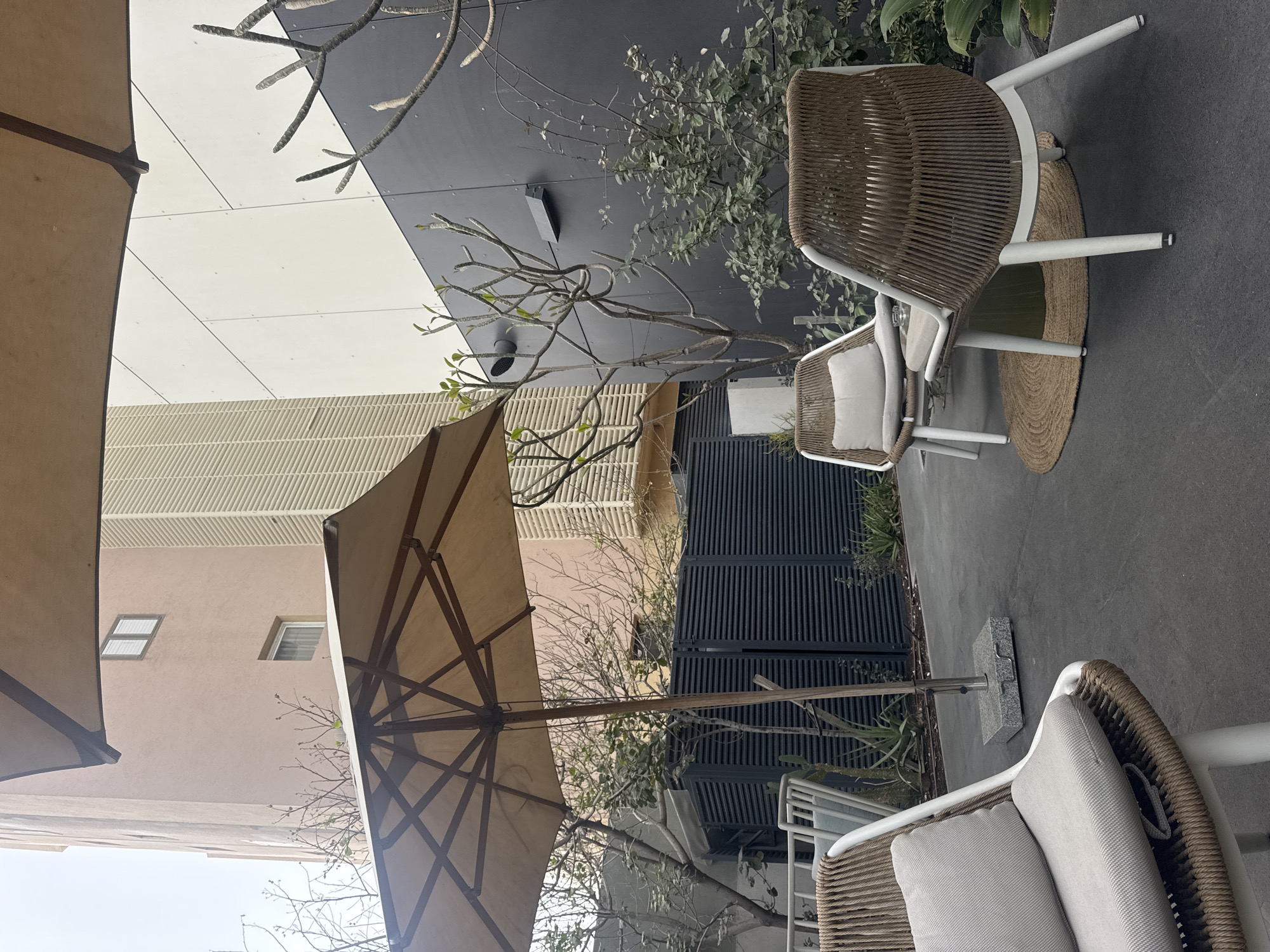 The scene captures an outdoor patio setting, likely in Tel-Aviv, Israel. The location is suggested by the architectural style, the local plants, and common weather patterns for the area.
The patio features at least three wicker chairs with white frames, some equipped with cushions. Two of the chairs are accompanied by circular woven mats.
A large beige patio umbrella is partially visible, providing shade over the area. Bare tree branches are mixed with the greenery, indicating the local flora of the region.
The background includes buildings with modern architecture, featuring beige and white tones, with linear and geometric patterns. One building has louvered blinds.
The ground is paved with gray stone tiles, which suggests a commercial or upscale residential area. The scene is outdoors, and the lighting suggests it's daytime.