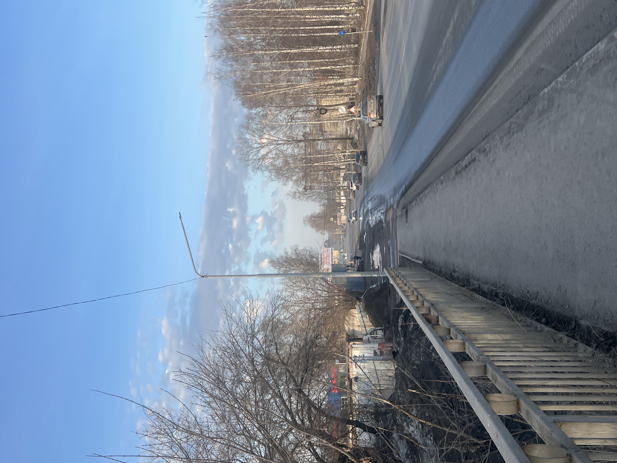 The image shows a view of a street in what appears to be a city. The street is wet, with a line of bare trees lining the side of the road and a row of vehicles. A pedestrian overpass is visible with a metal railing. Below the bridge, there appears to be some construction or renovation work. The sky is a pale blue with some clouds. The location is Chaikovsky, Russia.