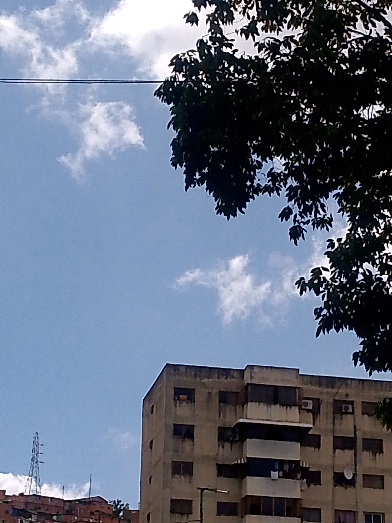 The image presents an urban landscape under a bright blue, partly cloudy sky, characteristic of a sunny daytime. Dark, silhouetted tree branches with dense foliage frame the upper right portion of the scene, creating a natural contrast against the light sky. A single, dark power line stretches horizontally across the upper-left quadrant.
The dominant man-made structure is a large, multi-story building occupying the lower-right and central-right areas. Its concrete facade appears aged and weathered, with distinct dark streaks running vertically down its sides. The building features numerous rectangular windows, some open, some closed, and several have white air conditioning units installed below them. A prominent, multi-tiered balcony structure extends from the center of the building, with clothes visibly hanging to dry on one of its levels.
In the bottom left, a dense cluster of smaller, reddish-brown buildings or houses can be seen, suggesting a hillside or densely populated residential area. A tall, metal transmission tower rises above these smaller structures, further indicating an urban environment.
The weather is fair, with scattered cumulus clouds in the clear blue sky. No specific human activity is visibly taking place in the foreground or on the streets, making the scene appear static and observational. There is no discernible text visible within the frame. The overall impression is a snapshot of daily life in a populated city like Caracas, Venezuela, blending natural elements with urban architecture.