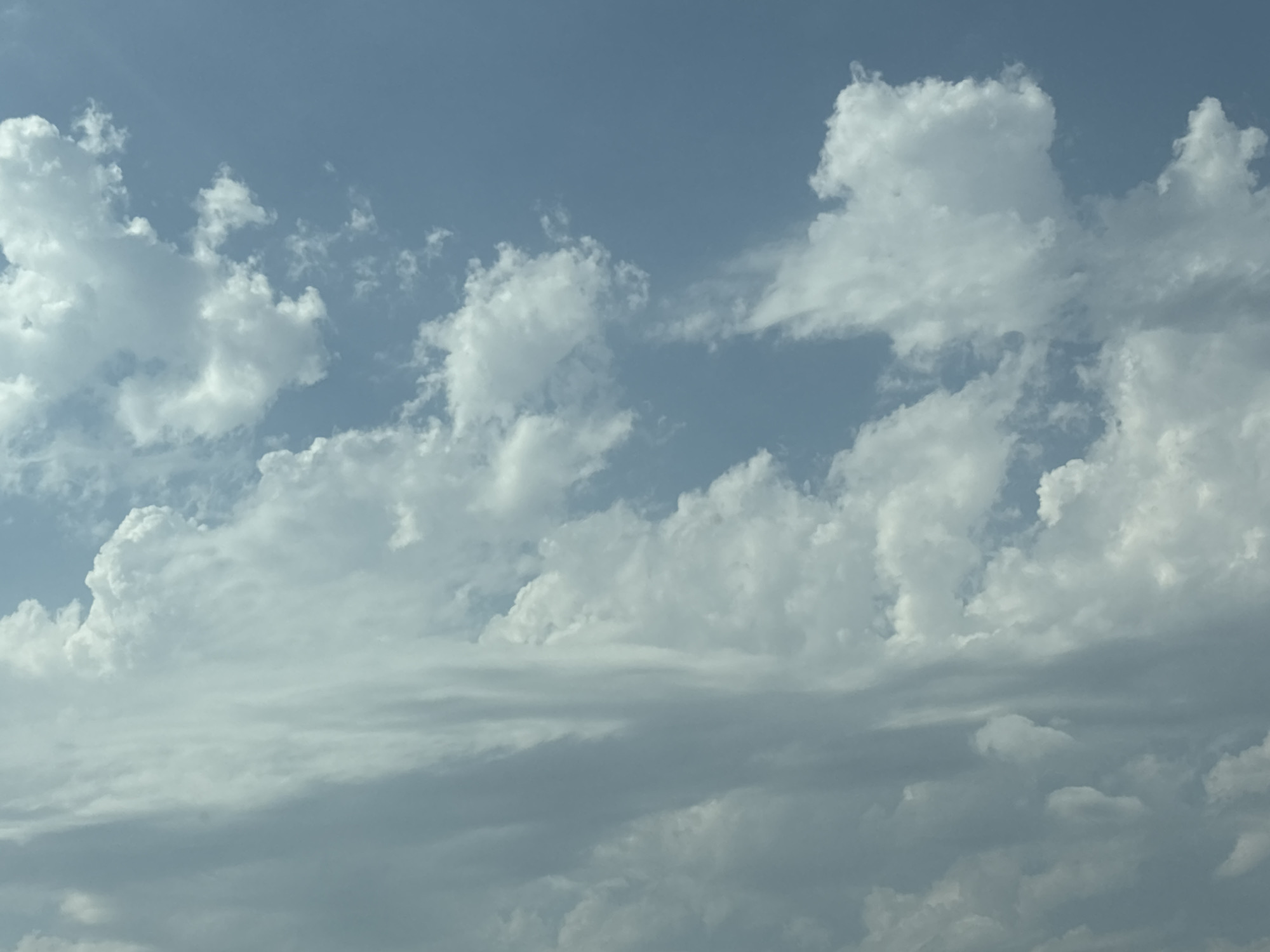 The image displays a sky filled with cumulus and stratus clouds, with a gradient of blue sky visible through the cloud cover. The clouds are predominantly white and fluffy, with some appearing darker and more layered, suggesting varying altitudes and density. The lighting indicates it is daytime, likely with the sun positioned at an angle that casts shadows and highlights the cloud formations. There are no discernible man-made structures, people, or animals in the frame. The environment is solely atmospheric. There is no information in the image that allows for the identification of the specific location in Nagornoye, Russia.