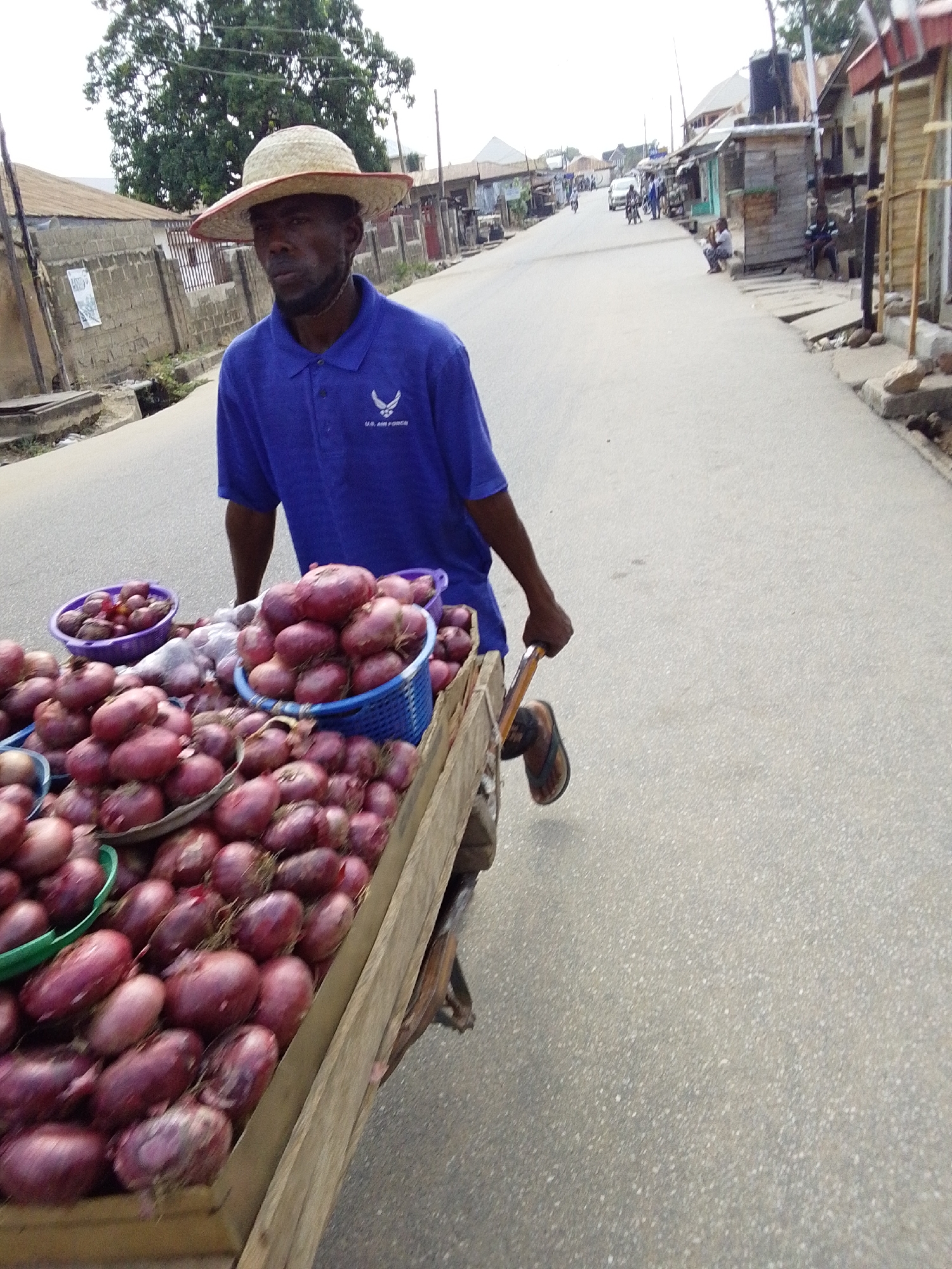 The image depicts a street vendor in Lokoja, Nigeria, actively pushing a wooden cart overflowing with red onions. The man, positioned slightly off-center, is captured from a high-angle perspective as he moves along a grey asphalt road. He wears a blue short-sleeved polo shirt adorned with a "U.S. AIR FORCE" logo and an eagle emblem, a straw hat with a visible red brim, and dark flip-flops. His hands grip a wooden handle extending from the cart.
The cart itself is heavily laden with numerous red onions, some contained within blue, purple, and green plastic baskets, while others are piled directly into the wooden framework. A few bulbs of garlic are also discernible among the produce.
The background shows a typical street scene for an urban or semi-urban area. Single-story buildings, constructed primarily from concrete blocks with some having corrugated metal roofs, line both sides of the road. Utility poles and wires are visible, along with a prominent leafy tree on the left. Further down the street, blurred figures of people are seen walking or sitting outside buildings, and a few vehicles are present. A water tank on a stand can be seen above a building on the right. The lighting suggests it is daytime, with an overcast or hazy sky providing diffused illumination and soft shadows. The man's gaze is directed forward, maintaining a neutral expression as he goes about his business.