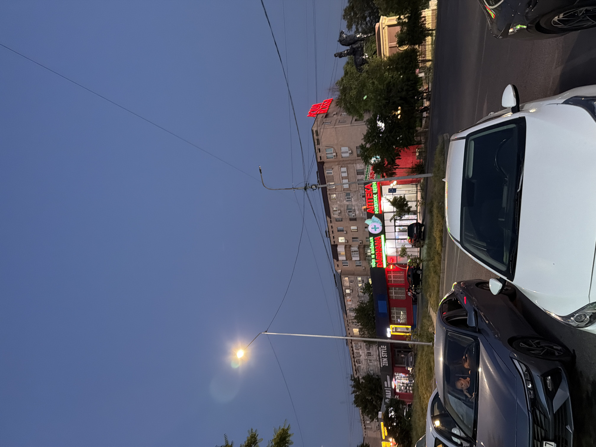 The image depicts a street scene in Shymkent, Kazakhstan, at dusk. The sky is a deep blue, transitioning from daylight to night. A street light illuminates the foreground, casting a soft glow on the pavement and a parked dark-colored car. Inside the car, two people are visible, one in the driver's seat and another passenger, their faces illuminated by the car's interior lights, suggesting a moment of quiet contemplation or conversation.
In the background, a multi-story building is adorned with bright red neon signs, including one that appears to spell out a word or logo in Cyrillic. Further down the street, other illuminated signs are visible, some with green and white lettering, indicating businesses. Trees line the street, their foliage dark against the twilight sky. The overall atmosphere suggests a typical evening in an urban environment, with the activity of daily life winding down. The presence of cars, streetlights, and illuminated storefronts all point to a public space in use during the transition from day to night. The image is captured from a slightly elevated perspective, looking down onto the street and the parked vehicles.