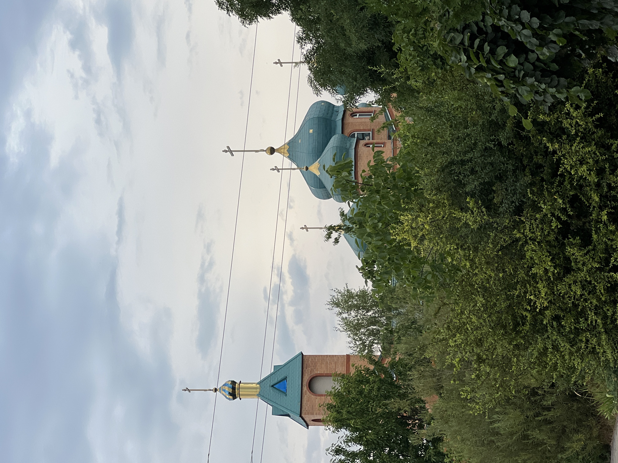 An outdoor, medium-angle, eye-level, vertical shot captures the upper portion of an Orthodox church partially obscured by lush green trees. The church features a tall, brick bell tower with a teal, gabled roof topped by a golden, finialed dome, and a smaller golden cross. Adjacent to the tower are several large, teal-colored domes, some with golden finials and crosses. These domes are also adorned with intricate gold detailing. The building material of the church appears to be brick. The sky is overcast with soft, gray clouds. Power lines are visible crisscrossing the upper portion of the image. The foreground is dominated by dense foliage of various trees and bushes. No people are present in the scene. The scene is set in the city of Fontanka, Ukraine.