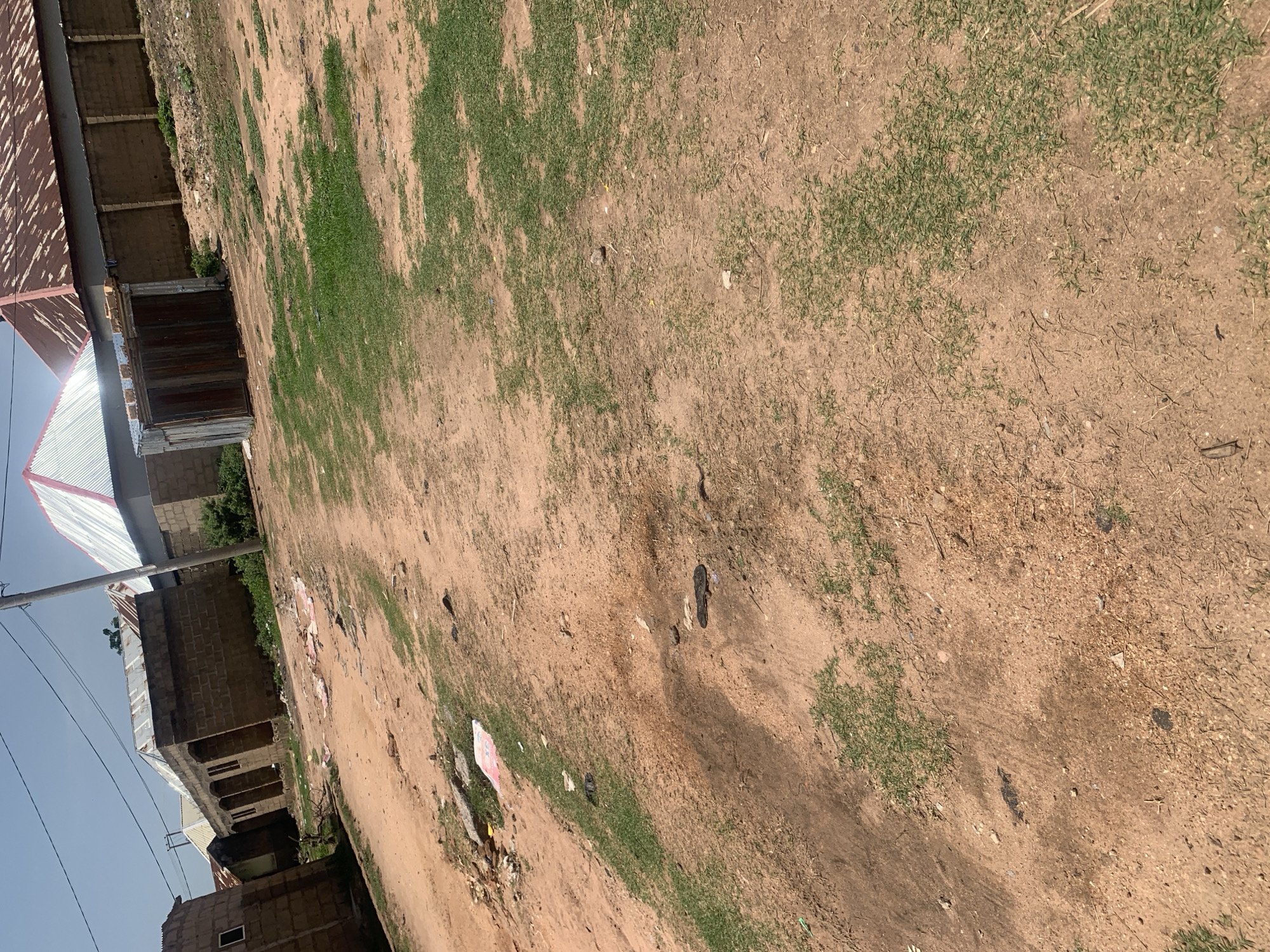 The image depicts a dusty, unpaved road in Jauro Yinu, Nigeria. The road is lined with a mixture of brick and corrugated metal structures, some of which appear to be residential buildings and a small, open-fronted shelter. Sparse patches of dry grass and weeds grow along the sides of the road and in the foreground. Scattered debris, including what appears to be plastic wrappers, is visible on the ground. The sky above is partly cloudy, and the scene is lit by natural daylight. There are no people or animals present in the image. The overall impression is one of a rural or semi-urban environment with basic infrastructure.