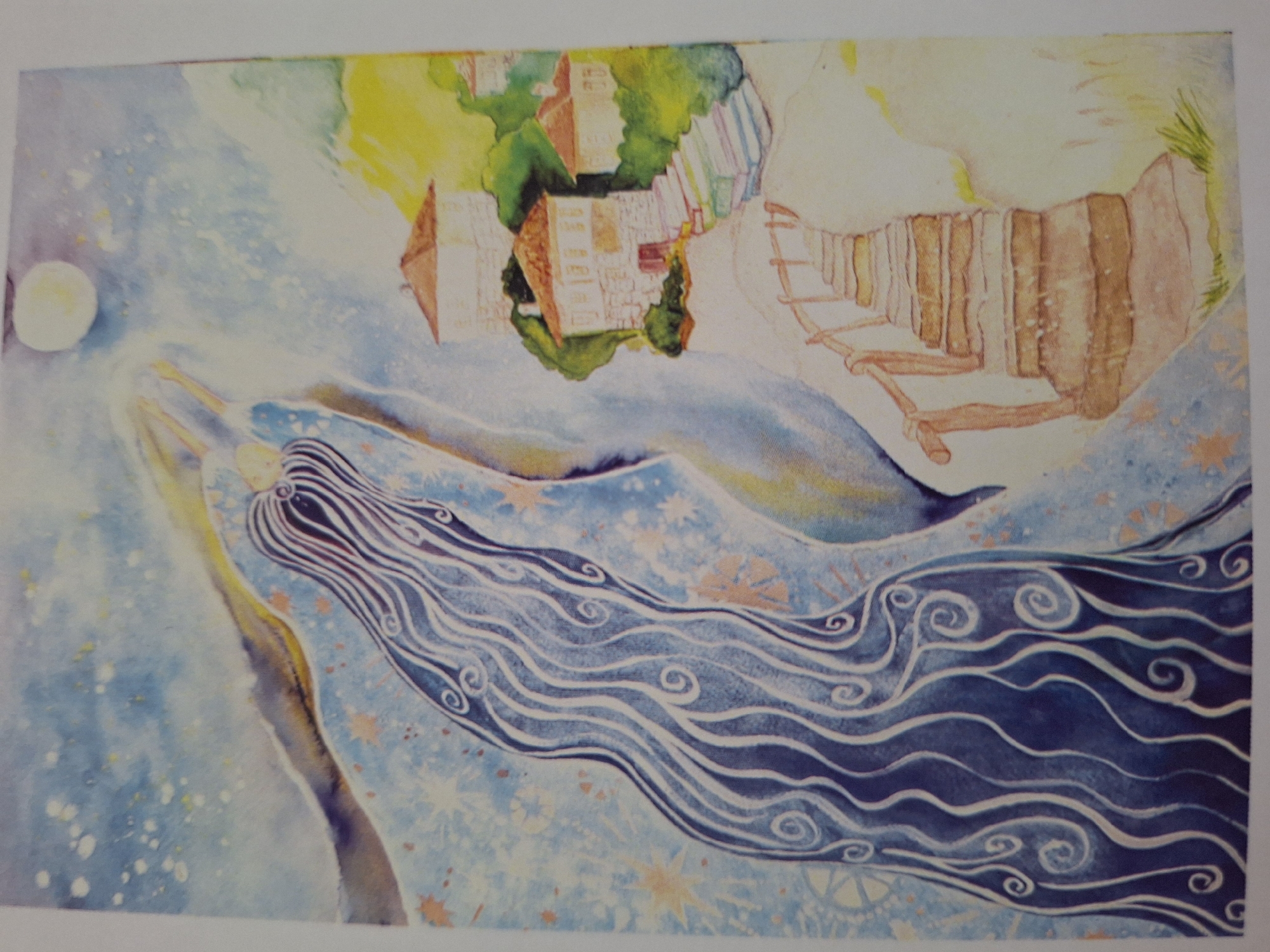This is a watercolor painting depicting a fantastical scene with a stylized figure resembling a mermaid or goddess with long, flowing blue hair. She is reaching upwards towards a bright moon in a starry sky. To the right of the figure, there is a cluster of buildings that appear to be houses with red-tiled roofs, nestled on a hillside. A stone staircase with a wooden railing leads up to these buildings. The overall style is ethereal and dreamlike, with soft colors and swirling patterns.
The artwork does not depict any recognizable location in the city of Varna, Bulgaria. It is an imaginative, symbolic representation.