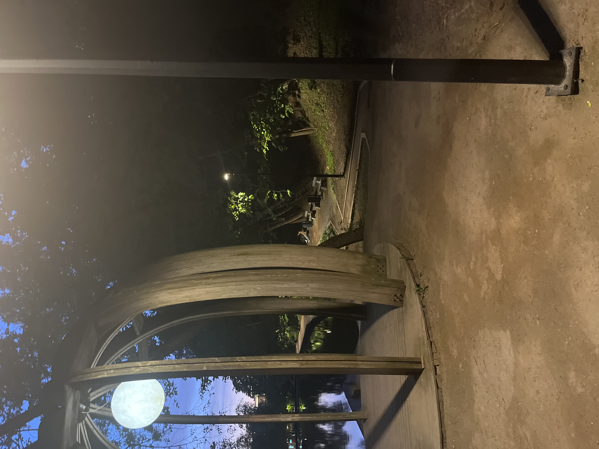 The image depicts a night scene in a park, possibly in Moscow, Russia. A wooden arched structure is visible in the foreground, with a spherical light fixture hanging within. Through the structure, a body of water is partially visible, reflecting the faint light of the sky. To the right of the structure, a dirt or gravel path extends into the darkness. In the distance, a line of trees is illuminated by streetlights. A black pole runs vertically through the upper left portion of the image and a horizontal pole extends in the top center of the frame. Some benches along the lighted path are observable in the distance. The overall lighting is dim, with areas of deep shadow.
