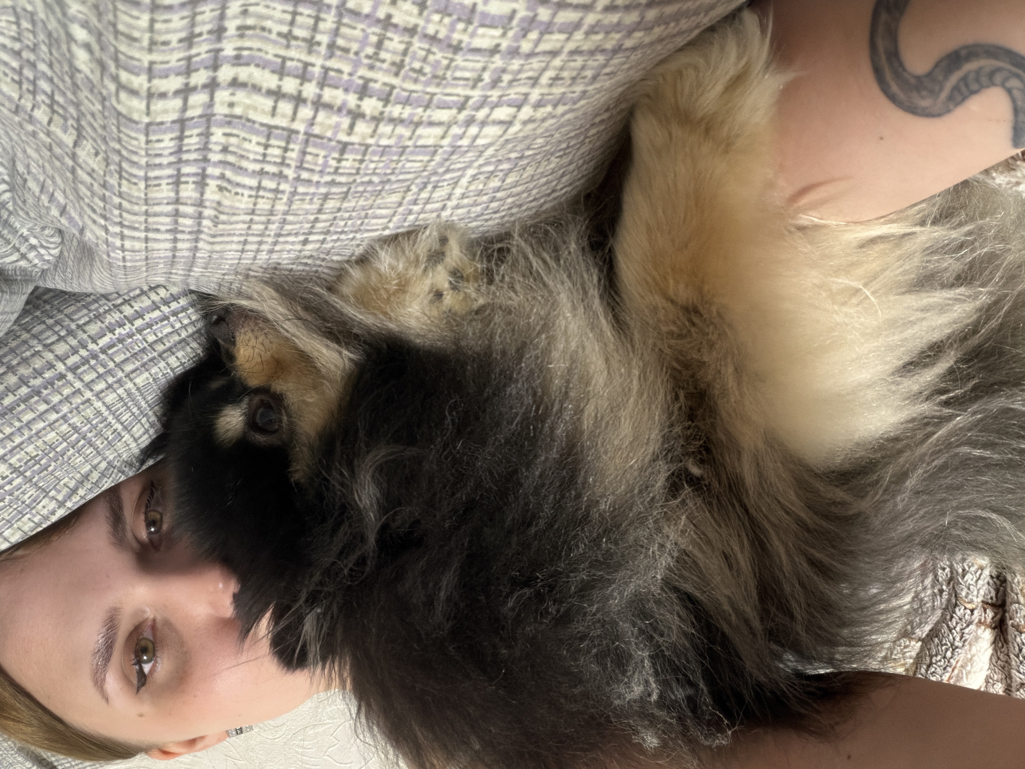A woman lies on a bed covered with patterned linen. A dog, primarily black and tan with long fur, rests on her chest and shoulder. A tattoo is visible on the woman's upper arm. The location is unknown and cannot be determined from the image.
