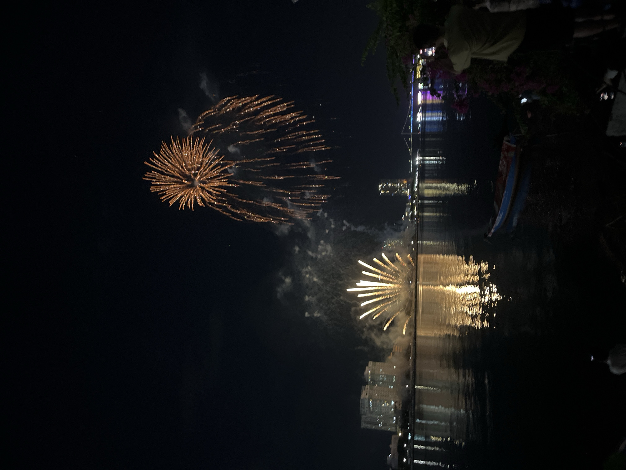 The image depicts a nighttime fireworks display over the Hàn River in Đà Nẵng, Vietnam. Two golden-orange fireworks bursts illuminate the dark sky. The larger burst, resembling a starburst with numerous descending trails of light, is positioned in the upper right quadrant. A second, fan-shaped burst emanates from a lower central point, closer to the water's surface. Significant smoke plumes are visible around both explosions. The dark river water prominently reflects the fan-shaped fireworks and numerous city lights, appearing as elongated, shimmering blurs.
On the opposite bank of the river, several illuminated multi-story buildings form a city skyline, including a distinct tall building with bright lights near the right center. A prominent cable-stayed bridge, characterized by its illuminated cables and deck, spans the river in the mid-distance to the right.
In the foreground, on the riverbank, a person stands with their back to the viewer, positioned on the right side of the frame. This individual wears a light-colored short-sleeved top and dark shorts, appearing to observe the fireworks display. They are standing adjacent to vibrant pink-flowering bushes. A small wooden boat, painted blue and red, is partially visible docked on the left near the river's edge. The head and shoulders of another individual are dimly discernible at the extreme bottom center of the frame.