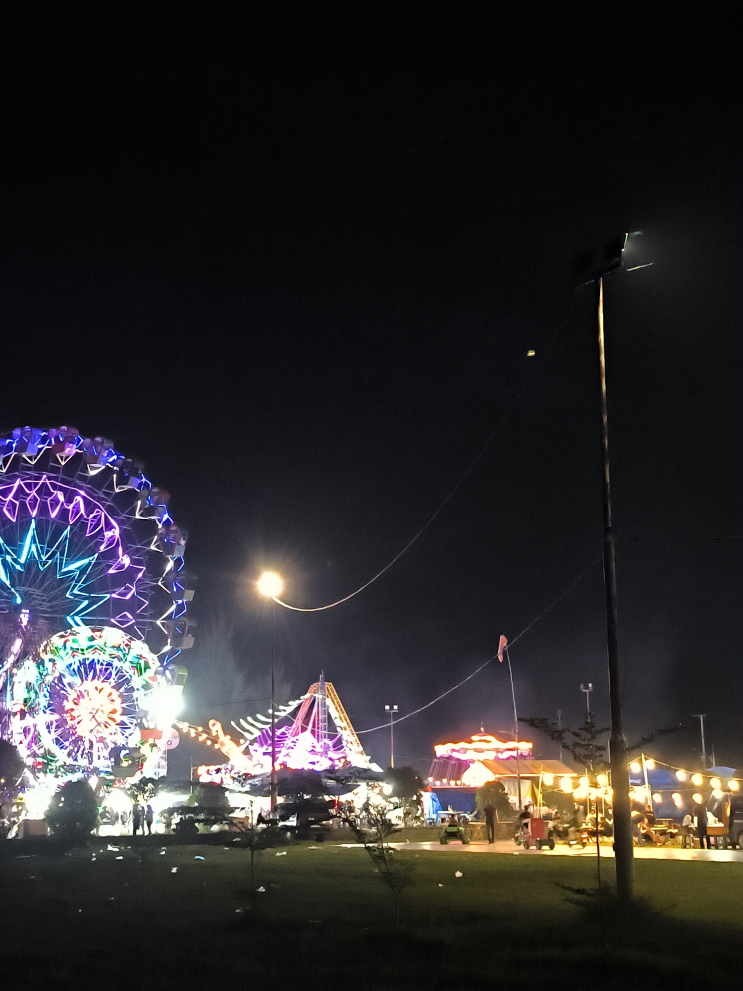 The image captures a nighttime scene at a fairground or amusement park in Titibaro, Indonesia. The environment is dark, illuminated by the various colorful lights of the attractions.
On the left, a large Ferris wheel with intricate patterns of purple, blue, and white lights dominates the view. In the center of the frame, a smaller tower-like ride is lit with pink and white lights. Further to the right, a carousel-style structure emits warm orange and red lights. The foreground features a grassy area littered with what appears to be discarded trash.
Several people are present throughout the scene, but their figures are small and indistinct due to the low light conditions. They are near the rides and around food stalls.
A tall metal light post is present on the right side of the image with a lighting fixture facing toward the ground. An overhead wire extends from the light post to the attractions.