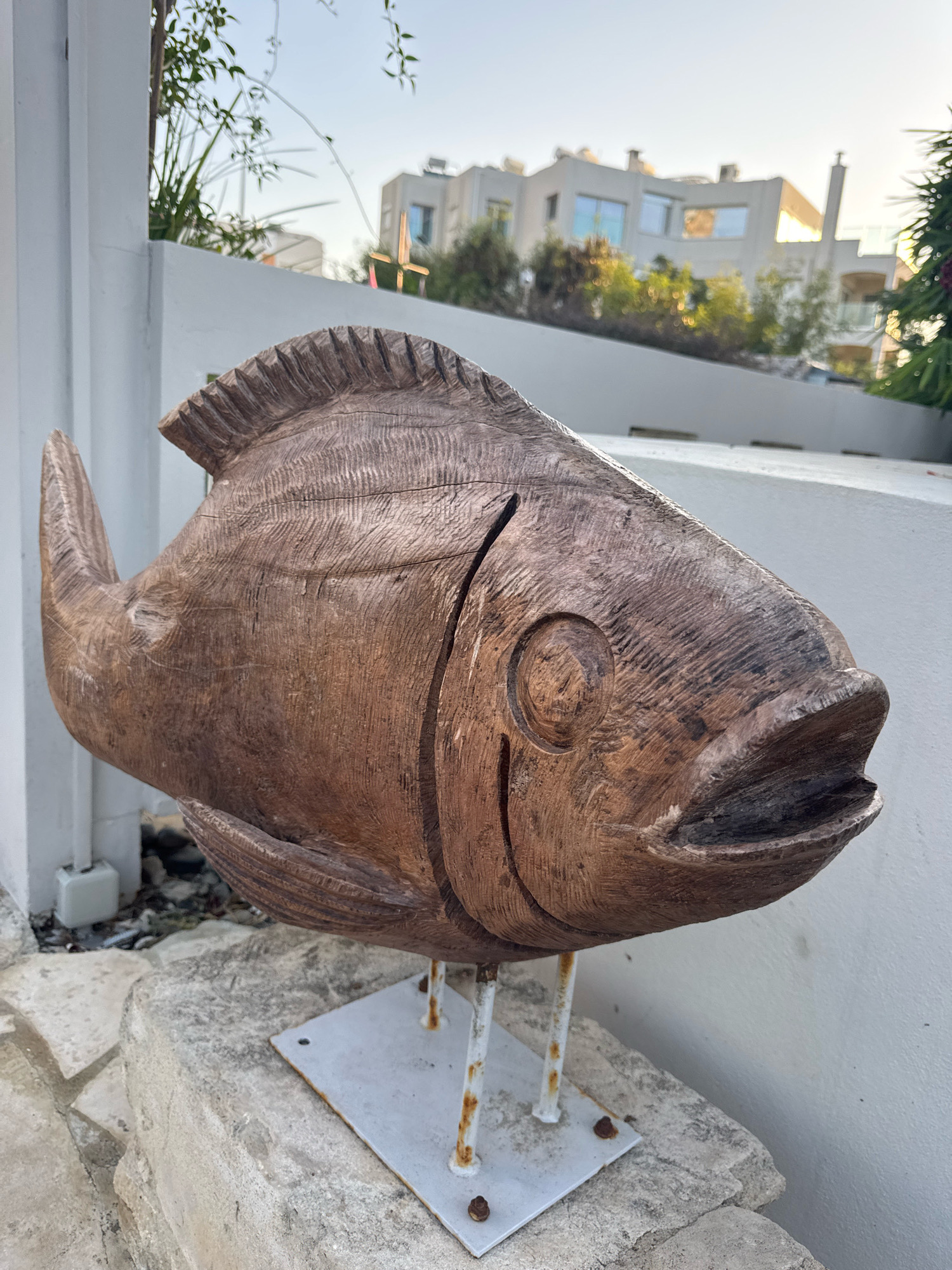 A carved wooden sculpture of a fish is displayed outdoors, resting on a stone pedestal and a metal base with rusted supports. The sculpture is brown and has visible wood grain and carved details representing scales and fins. Behind the sculpture, a white wall runs horizontally, and further in the background, a modern building with multiple windows and balconies is visible under a clear sky. Green foliage and trees are present around the building and in the foreground near the wall. The scene appears to be in Agios Tychona Community, Cyprus, given the architectural style of the building and the surrounding vegetation. There are no people or animals in the image.