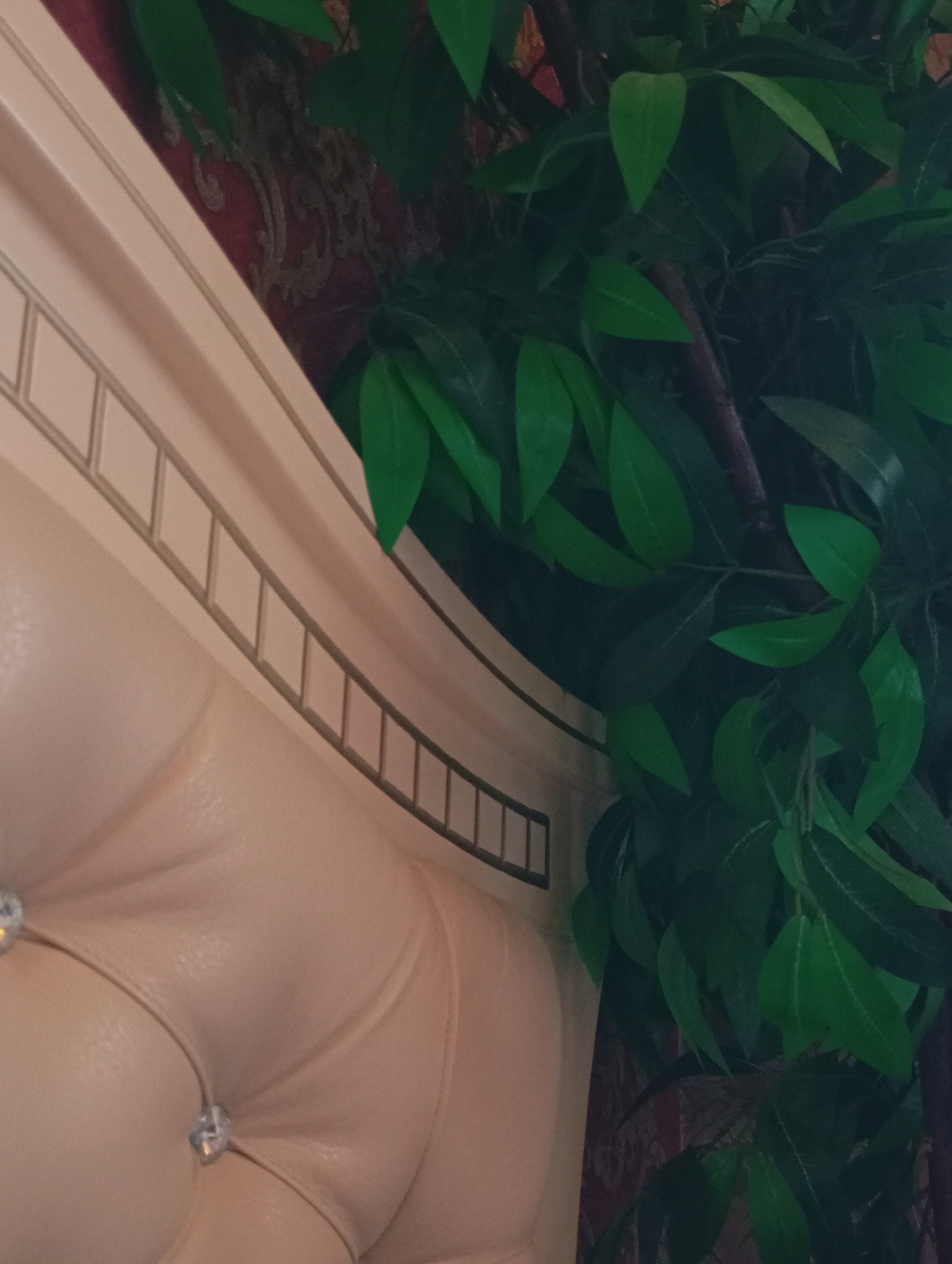 The image shows a portion of a light peach-colored, tufted headboard with diamond-like buttons. Behind the headboard is a dark red wall with a faded, patterned design. To the right of the headboard is a faux tree with green leaves and brown branches. The photograph does not provide enough information to determine the specific location within Krasnodar, Russia, or to describe any actions, interactions, or people.