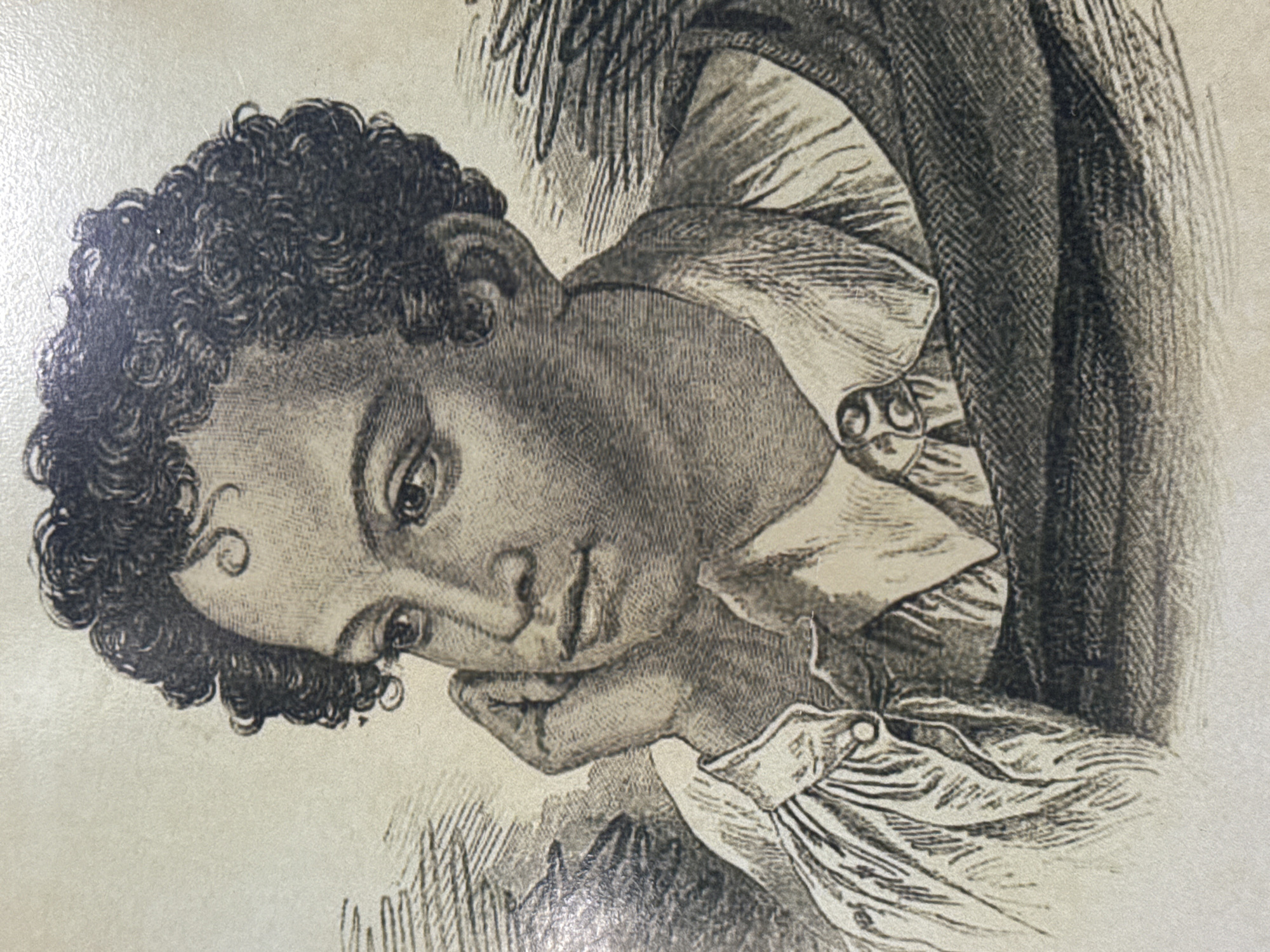 The image is a black and white drawing or engraving of a young person with curly hair, resting their head on their hand. The person is wearing a shirt with a ruffled collar and a darker garment over it. The background is textured, possibly representing a setting or shading. The location in Votkinsk, Russia is not discernible from the image.