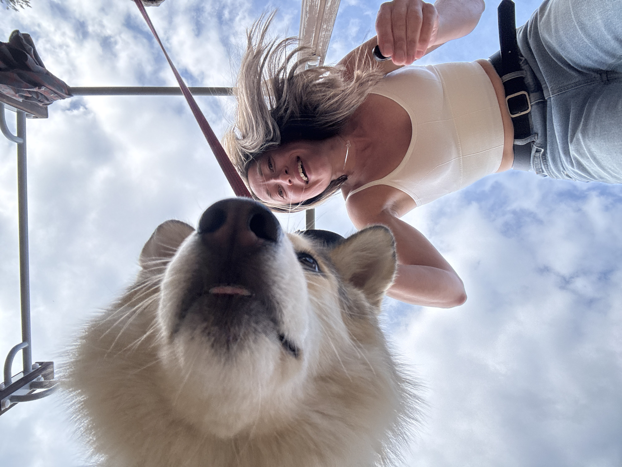 A low-angle shot captures a woman and a dog. The woman, with light brown hair partially obscuring her face, is smiling and wearing a white tank top, jeans, and a black belt. She appears to be holding an object in her right hand. Below her, a dog with light-colored fur, including a significant amount around its neck, is positioned closely to the camera. The dog's nose is highly prominent due to its proximity.
In the background, the sky is visible, filled with scattered clouds. Parts of a metal structure are also visible, suggesting a potentially outdoor setting. It is not possible to confirm the location of the city of Chaikovsky, Russia based on the contents of this image.