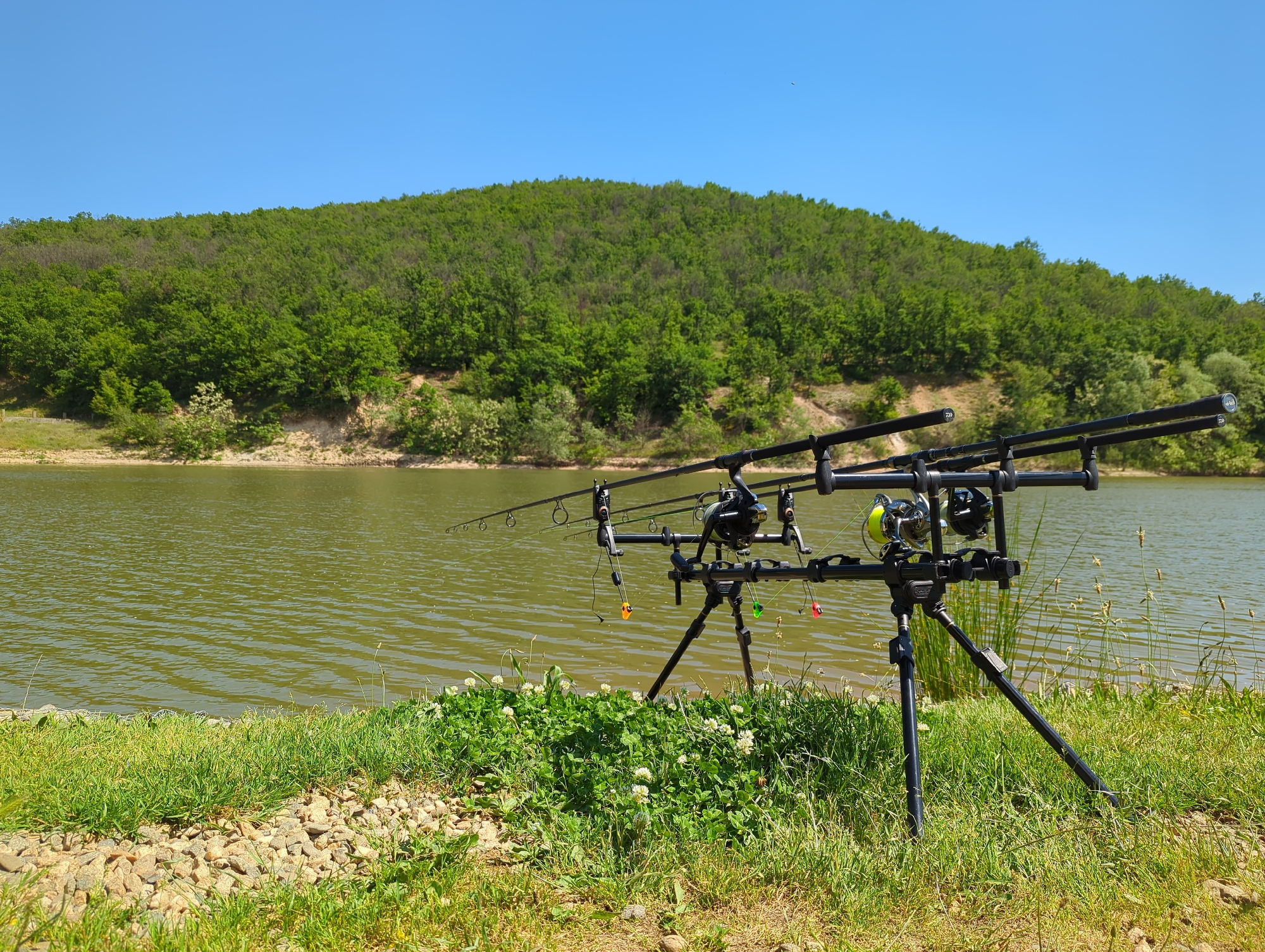 A fishing rod stand is positioned near a body of water, presumably a lake or pond. The stand supports three fishing rods, each equipped with a reel. The surrounding area is vegetated with green grass and clover. In the background, a tree-covered hill can be seen under a clear blue sky. The scene is located in Slavovitsa, Bulgaria.