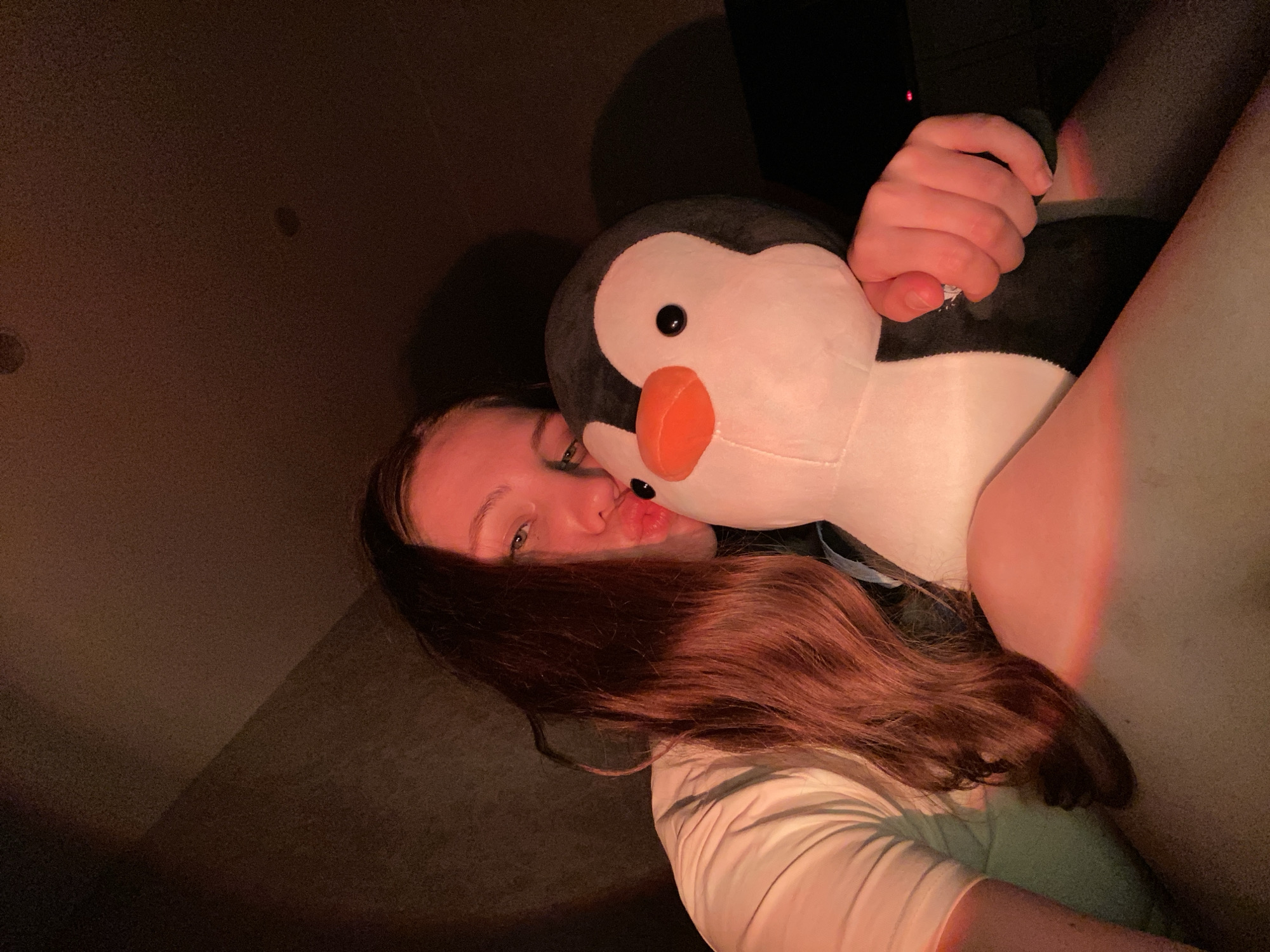 A young Caucasian female with long, wavy auburn hair is holding a plush penguin toy. She is leaning towards the toy, appearing to kiss it, with her lips puckered. Her eyes are open and looking towards the camera. She is wearing a light-colored, short-sleeved shirt. The background is dark and out of focus, with some subtle lighting creating a warm glow on her face and the toy. The lighting appears to be from an artificial source, possibly a lamp or colored lighting. There is a shadow cast on the wall behind her. The scene is intimate and personal, suggesting a private moment. This image was taken indoors, likely in a home environment.
