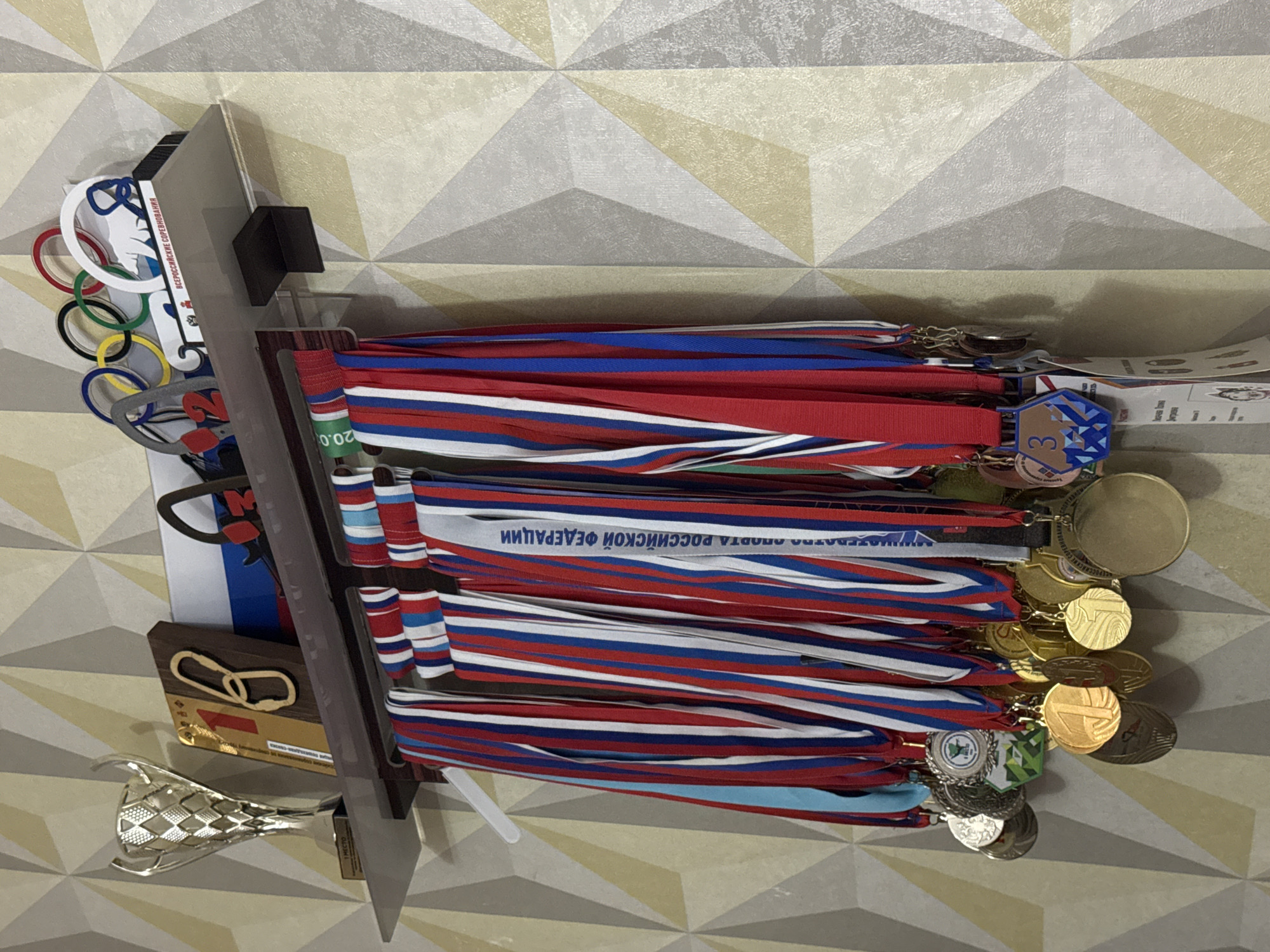 A shelf against a geometric patterned wall displays various items. The items are medals with ribbons in the colors of the Russian flag (red, white, blue), a trophy, a plaque with interlaced rings, and an Olympics-themed object with interlocking rings. The text on one ribbon appears to read "МИНИСТЕРСТВА СПОРТА РОССИЙСКОЙ ФЕДЕРАЦИИ." It is possible that this scene is located in Chaikovsky, Russia, given the Russian-themed items present.