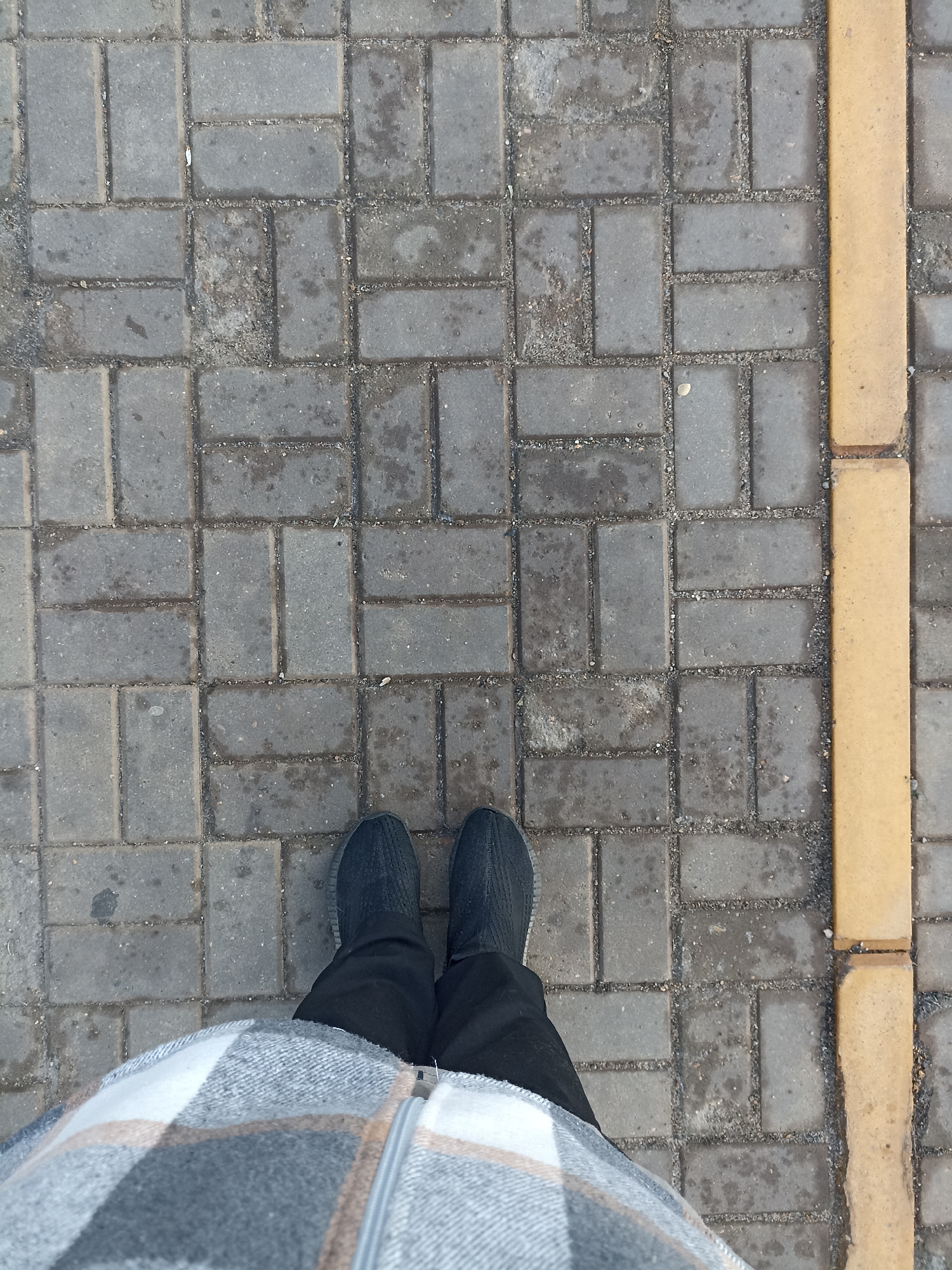 The image shows a ground-level view of a person's feet and lower legs standing on a cobblestone sidewalk next to a yellow border. The cobblestones are dark gray and rectangular, laid in a staggered pattern. There are some small pebbles and dirt in the gaps between the stones, indicating outdoor exposure. To the right, a uniform line of yellow paving stones runs vertically along the edge of the sidewalk. The person is wearing black sneakers and dark pants. Their legs are mostly covered by a grey and white plaid coat. The scene appears to be in an urban environment. Based on the request, the location is Chekhov, Russia.
