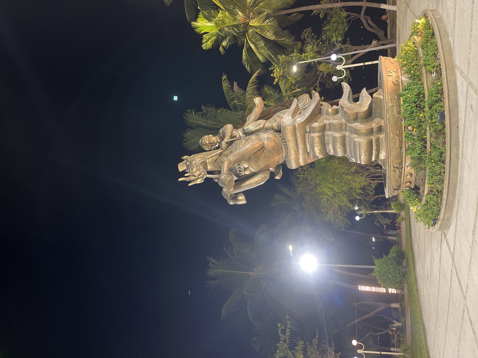 This is a nighttime, eye-level, full-shot photograph of a bronze equestrian statue in Nha Trang, Vietnam. The statue depicts a young man on a rearing horse. The statue is mounted on a tiered, decorative base surrounded by green plants and yellow flowers. Behind the statue, palm trees are visible, illuminated by streetlights. The sky is dark and clear, with some lights and possibly a distant light source visible. To the left of the statue, a large, round streetlight casts a bright glow. To the right, a decorative lamp post with two globes is visible. The ground is paved with light-colored tiles. In the background, there are more trees, some with lights strung between them, and silhouetted figures of people walking. The overall scene is well-lit by artificial lights, creating a festive atmosphere.