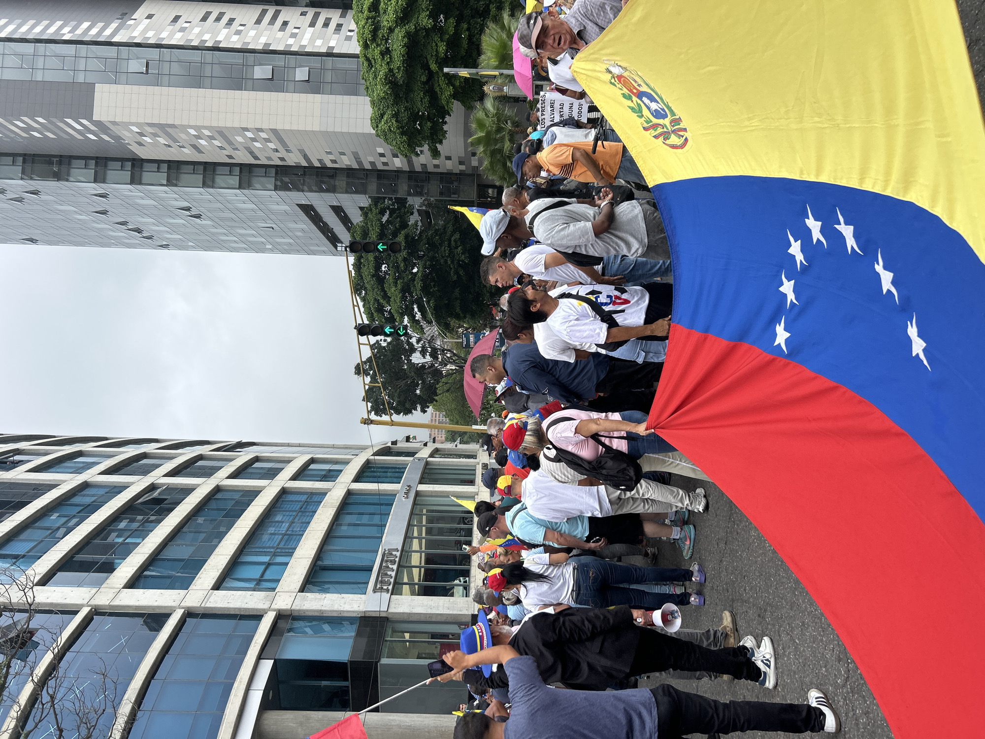 This image captures a vibrant street scene in Caracas, Venezuela, depicting a large gathering or protest. A significant portion of the frame is dominated by an enormous Venezuelan flag, stretched horizontally and held by many participants. The flag features its characteristic three horizontal stripes: yellow at the top with the national coat of arms, blue in the middle adorned with eight white stars forming an arc, and red at the bottom.
A diverse crowd of people, primarily adults, is visible in the street, seemingly walking or standing together. They are dressed in casual attire, and some individuals are holding umbrellas, possibly for sun protection or due to cloudy weather. In the foreground, one person is seen holding a megaphone, suggesting organized communication.
The setting is an urban environment, characterized by modern, multi-story buildings with glass facades and contemporary architectural designs lining the street. Prominently, one building displays the "Ferrari" logo. Lush green trees and other foliage are interspersed among the buildings, and a traffic light showing a green signal is visible in the mid-ground.
The sky appears overcast, indicating a cloudy daytime setting. The overall mood suggests a public demonstration or event with a strong national identity focus. Visible text includes "Ferrari" on a building. A protest sign carried by someone in the crowd partially reads: "LOS PRESOS, ÁLVAREZ, LIBERTAD," followed by some less clear words and "TODOS," suggesting a call for the freedom of prisoners, possibly including a person named Álvarez.