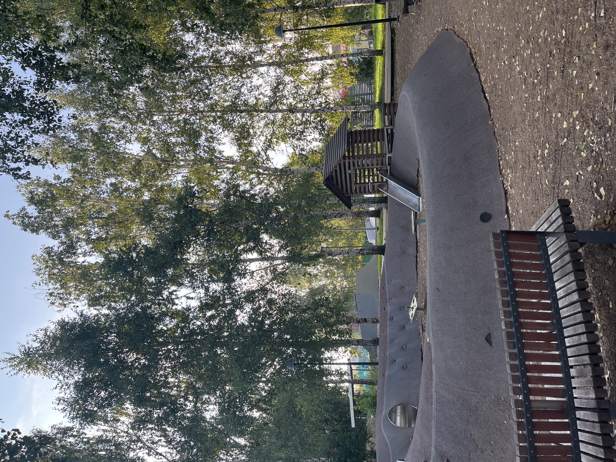 This image depicts an outdoor playground area in the city of Tugay, Russia. The playground features a dark grey, undulating soft-surface terrain with a tunnel entrance on the left and a metal slide leading down from a wooden playhouse on the right. Small, colorful climbing grips are embedded in the curved walls of the playground structure. A metal pipe-like structure with a circular opening is visible within the playground's structure. In the foreground, a wooden bench with a slatted seat and backrest, featuring red vertical slats, sits on a path covered with fallen leaves. The background is dominated by a dense line of tall birch trees with white and black bark, interspersed with other greenery. A lamppost with a dark shade stands to the right of the playhouse, and another lamppost is visible further left behind the playground structure. The sky above is clear and light blue. The overall scene is calm and appears to be set in the daytime with soft lighting, suggesting either early morning or late afternoon.