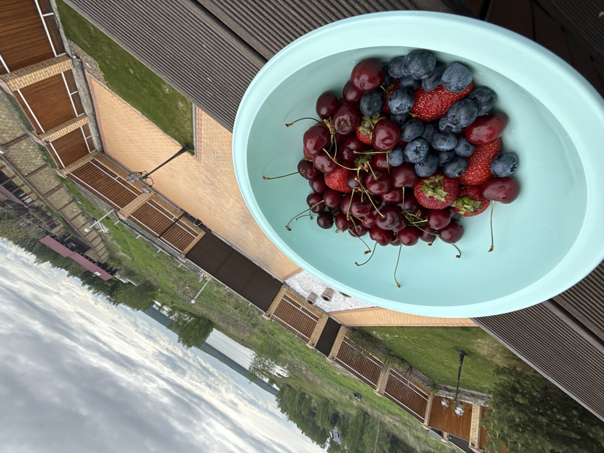 A light blue bowl filled with fresh summer berries is prominently displayed in the foreground, resting on a dark brown wooden-slatted surface, likely a deck or patio. The bowl contains a vibrant assortment of deep red cherries with their green stems, plump dark blueberries, and bright red strawberries.
The scene captures an outdoor setting, offering a panoramic view of a residential property and the natural landscape beyond. The property features well-maintained green lawns, light-colored brick paving, and structures with brick walls and brown wooden fences or gates. A decorative black lamppost with two globe lights stands within the property grounds.
In the background, a wide body of water, possibly a lake or large river, stretches into the distance. The far bank is lined with dense green trees. The sky above is largely covered with soft, diffused white and grey clouds, indicating an overcast or partly cloudy day. The natural lighting suggests daytime, likely late morning or afternoon.
The image is devoid of people or visible text. It conveys a serene atmosphere, highlighting fresh produce against a backdrop of a well-kept waterside property in Molodezhnyi, Russia, evoking a sense of calm and natural enjoyment.