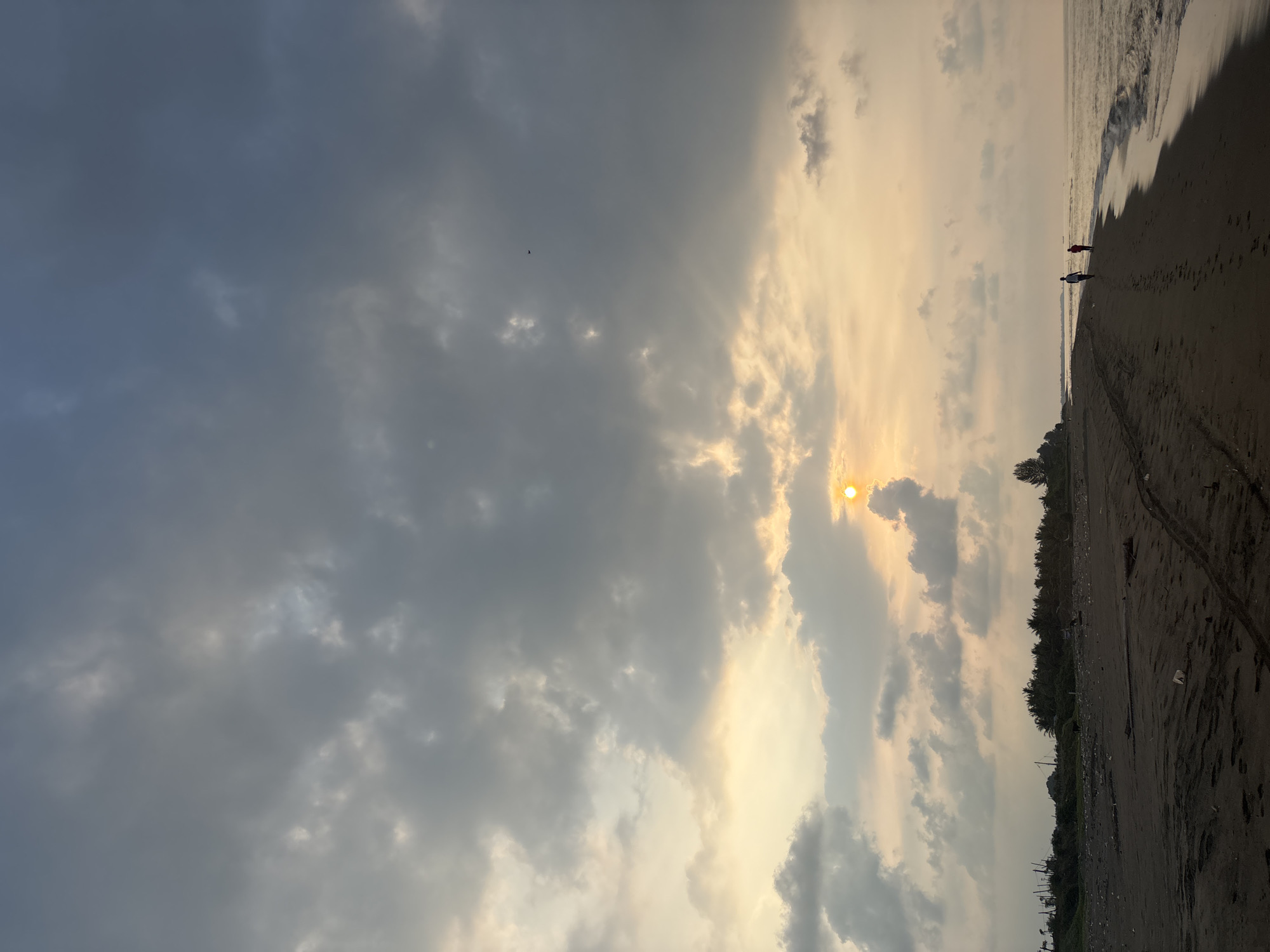 The image depicts a tranquil coastal scene at what appears to be sunset or late afternoon, characterized by soft, golden light. The location is Angkleng Barat, Indonesia.
The sky occupies the majority of the frame, filled with a mix of dense, dark gray clouds on the left, gradually transitioning to lighter, warm-toned clouds on the right, illuminated by the setting sun. The sun itself is visible on the right side of the sky, partially obscured by clouds, casting a bright, circular glow and streaking rays through the cloud cover. A very small, dark object, possibly a bird, is faintly visible in the upper left portion of the sky.
The lower and right-hand side of the image features a sandy beach meeting the ocean. Waves are visible breaking gently onto the shore, creating a foamy white line. The sand is a dark, wet color, with visible footprints and tire tracks suggesting recent activity. Along the far edge of the beach, a dense line of trees forms the horizon, with hints of distant structures or land beyond.
Two silhouetted figures are seen walking along the beach near the waterline, heading into the distance. One individual is wearing red clothing, while the other is in lighter attire. Their small scale against the expansive sky and beach emphasizes the vastness of the environment.
The overall mood is serene and peaceful, capturing a quiet moment at the end of the day by the sea. There is no visible text in the image.