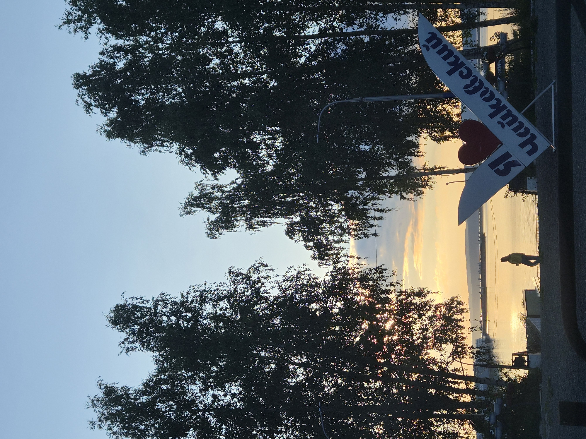 A vertically oriented, low-angle shot captures a serene sunset scene in Chaikovsky, Russia. Silhouetted against the warm, golden hues of the setting sun over a body of water, are the dark, leafy branches of several trees in the foreground. A white flag with a red heart emblem and the text "Yauikadeku" and "IS" is prominently displayed on a pole, leaning to the left. In the middle ground, a lone figure is visible walking along a raised concrete walkway or embankment beside the water. The water reflects the vibrant colors of the sky, creating a peaceful and tranquil atmosphere. The sky transitions from a clear, soft blue at the top to a dramatic blend of orange, yellow, and pink near the horizon. The overall mood is one of quiet reflection and natural beauty at the end of the day.