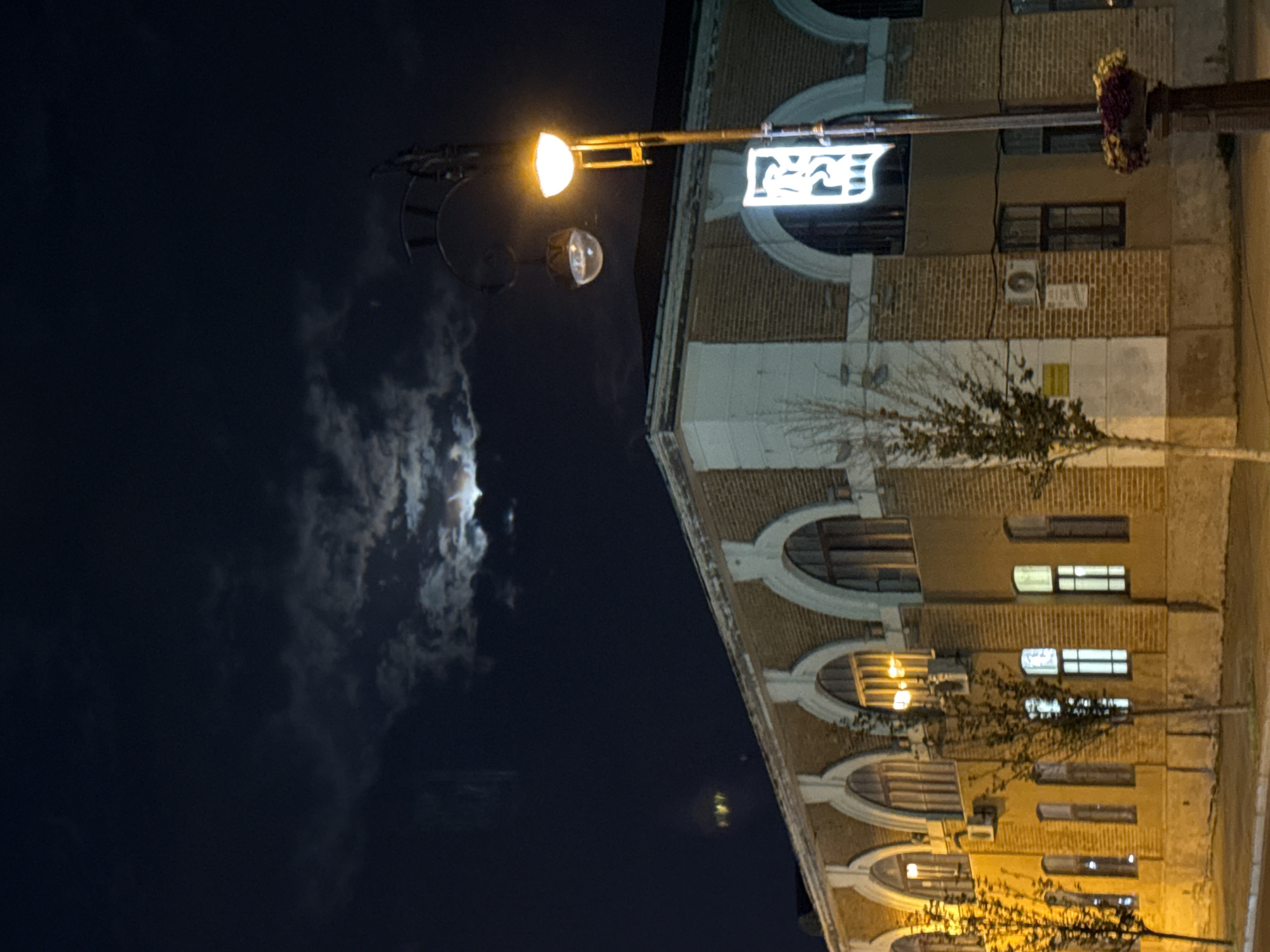 The image depicts a nighttime scene in the city of Tyumen, Russia, featuring a historic brick building with arched windows. A streetlamp with an illuminated globe and a decorative hanging lantern is prominent in the foreground, casting a warm glow. The sky above is dark with scattered clouds partially obscuring a bright moon. The building's facade is illuminated by internal lights visible through the windows. A tree with bare branches stands to the left of the building, and another tree, more full, is positioned in front of it. To the right, a planter box with flowers sits at the base of the streetlamp. A white neon sign with Cyrillic lettering is attached to the streetlamp pole. The overall atmosphere is serene and atmospheric, characteristic of a quiet urban night.
