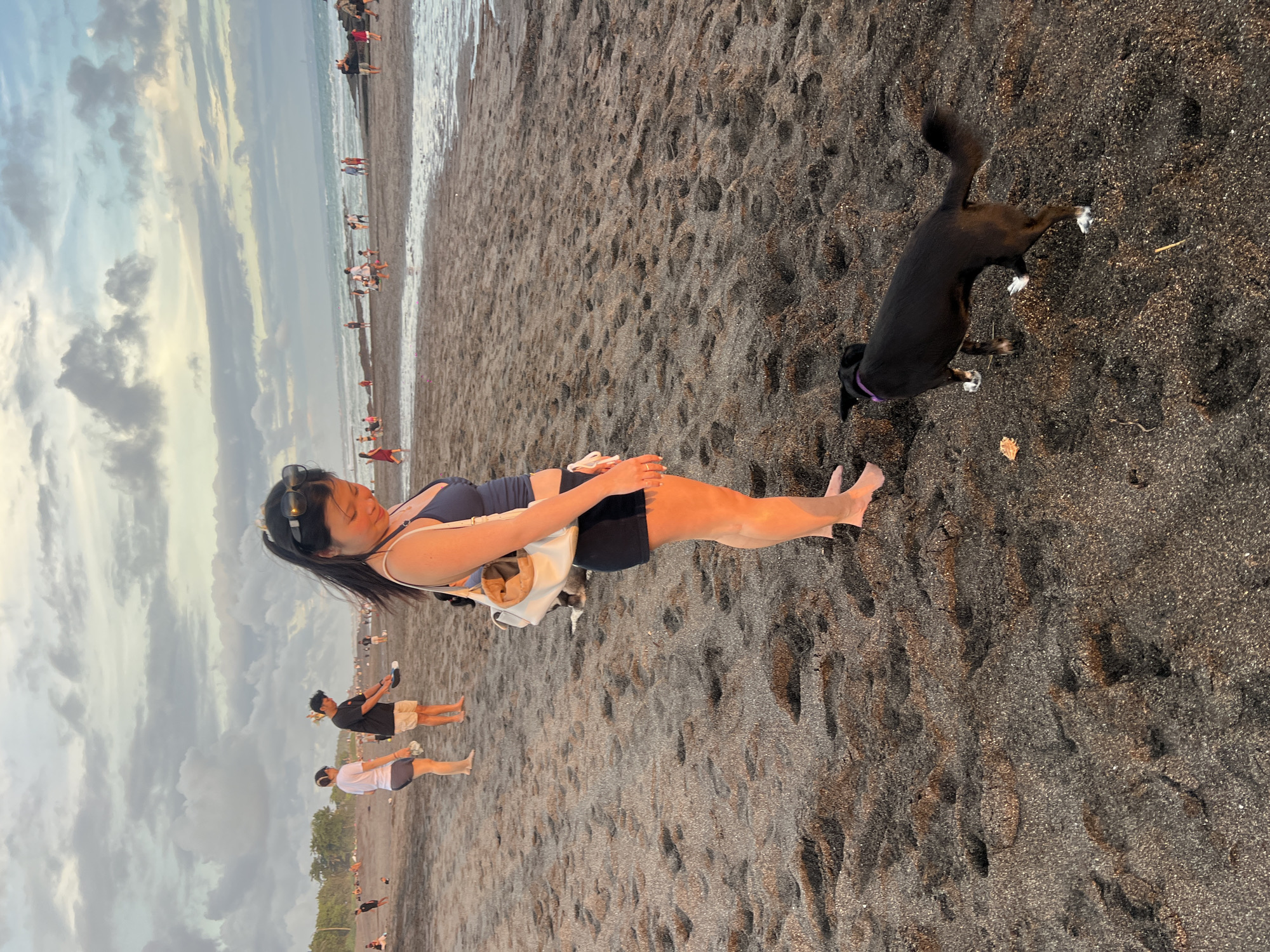 A medium shot depicts a beach scene in Mengwi, Indonesia, at a likely sunset, with an Asian woman and a black dog as central figures. The woman is standing barefoot on a black sand beach, facing the viewer's left, wearing a navy blue top, black shorts, and a white bag containing a small dog is slung over her shoulder. Her dark hair is pulled back with sunglasses on her head. A black dog with white paws is sniffing the sand near her feet. Behind the woman, several people are walking along the beach and the shoreline. The sky is overcast with soft colors.