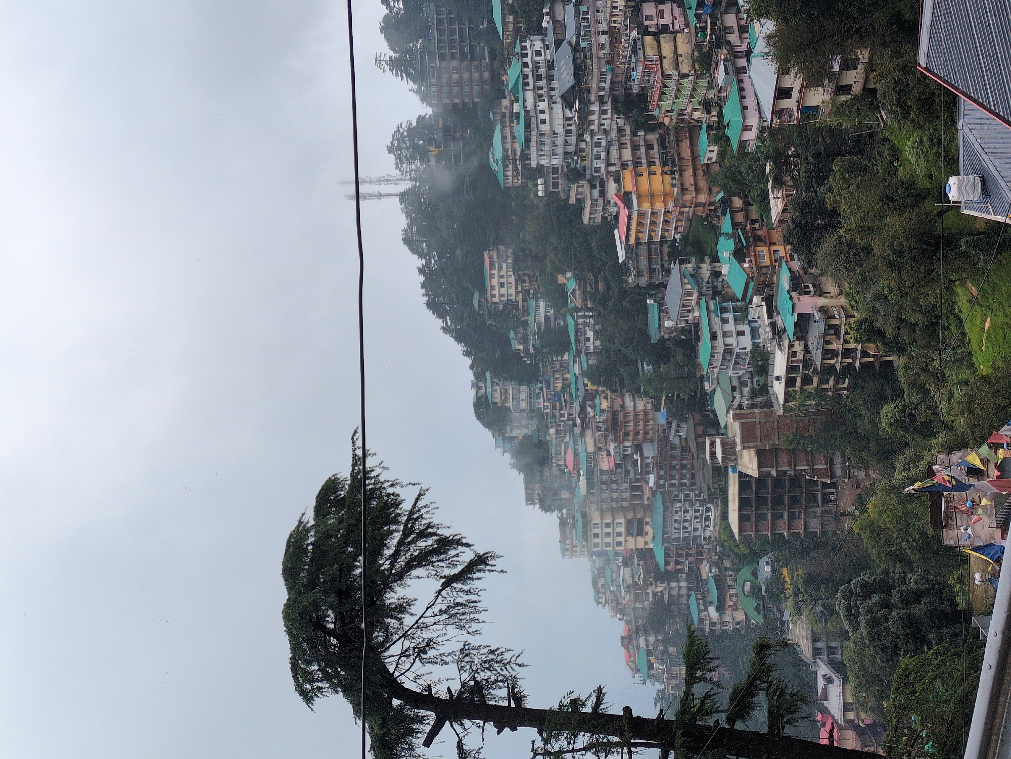 This is an eye-level, medium shot photograph of a hillside city scene, taken on a cloudy day, likely in Bhagsu, India. In the foreground, a large evergreen tree with dark green foliage and drooping branches occupies the left side of the frame, its trunk partially visible. Horizontal power lines run across the upper portion of the image, obscuring the sky.
The main subject of the image is a densely populated hillside covered in buildings of varying heights and architectural styles. The structures are predominantly multi-story with flat roofs, many painted in pastel colors like yellow, pink, and white, contrasted with numerous teal-colored roofs. Some buildings appear to be under construction, with exposed brickwork and unfinished facades. The buildings are built very close together, cascading down the steep incline of the hill.
Dense green trees and vegetation are interspersed among the buildings and cover the slopes. In the distance, several cell towers are visible against the hazy sky. Prayer flags, colorful and rectangular, are strung across a railing in the lower-center part of the image, suggesting a religious or cultural element. The overall atmosphere is one of a vibrant, densely packed urban environment situated within a natural, hilly landscape, under a diffused, overcast sky.