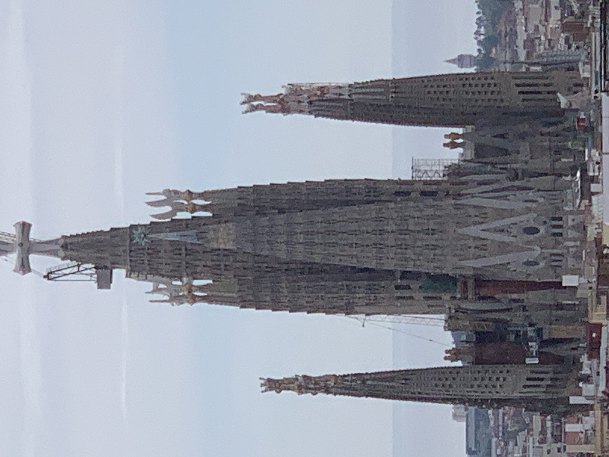 This image shows the Sagrada Familia basilica in Barcelona, Spain. The photo appears to be taken from an elevated vantage point. Visible are several of the basilica's intricately designed spires, adorned with architectural details. Construction cranes are adjacent to some of the spires. In the background, parts of the cityscape of Barcelona are seen. The sky is overcast and the light is diffuse.
