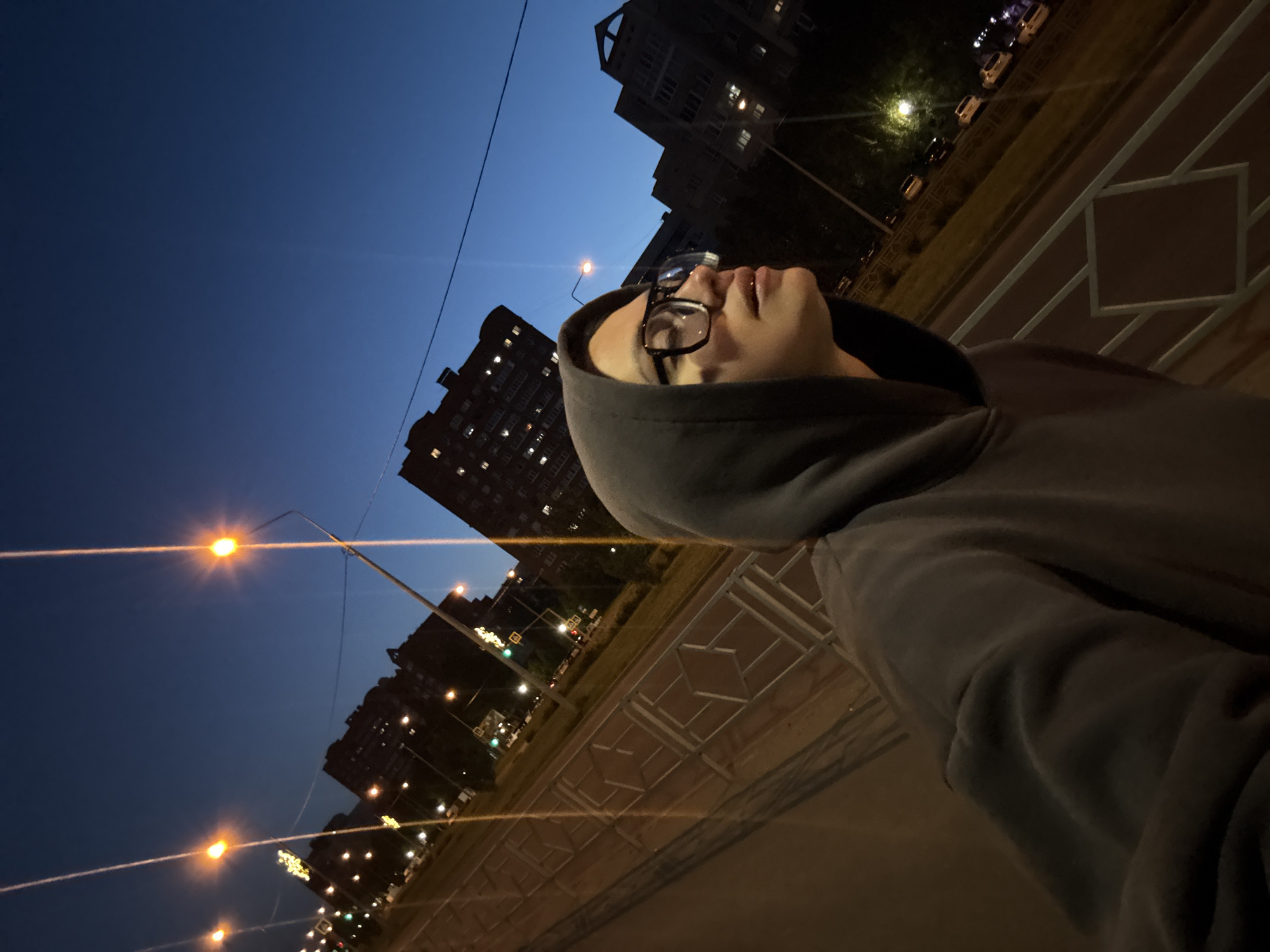 The image depicts an outdoor urban scene at dusk or early night in an unknown city in an unknown country. A single individual is visible in profile on the left side, wearing a dark hooded sweatshirt and thick-framed glasses, looking upwards and to the right. The sky is a deep blue, indicating twilight. Bright orange-yellow streetlights, some exhibiting strong lens flares, illuminate the scene and are positioned along a road that runs diagonally across the midground.
In the foreground, a light-colored metal railing with a geometric pattern (squares and diagonal bars) is prominent. Behind the railing and to the left, a paved area, likely a sidewalk or walkway, is visible. Beyond the railing, a multi-lane road is present, with faint outlines of vehicles and a glimpse of traffic lights (green and red) and yellow square road signs in the distance.
In the background, several multi-story buildings, appearing to be residential, are silhouetted against the dark sky. Many windows in these buildings are lit, indicating occupancy. Overhead power lines or cables traverse the upper portion of the frame. The perspective is slightly low-angle, looking up, and the entire scene is tilted, creating a dynamic diagonal composition. The ground and the underside of structures are cast in deep shadows, contrasting with the bright artificial lights.