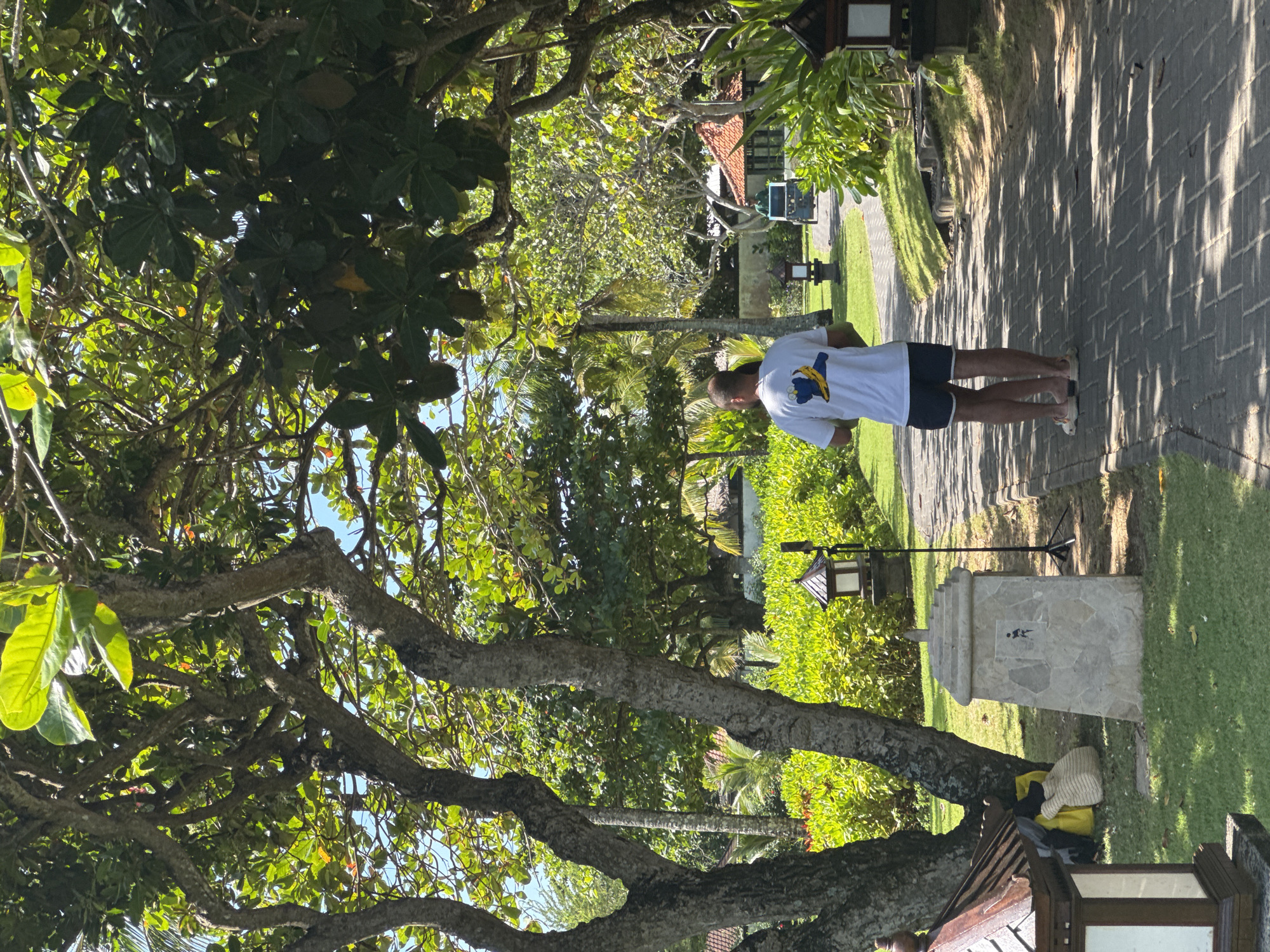 The image shows a person standing on a paved pathway in Kuta Selatan, Indonesia. The path is lined with green grass and vegetation. The person is wearing a white T-shirt with a graphic of a banana and wearing dark shorts. To the left, there is a large tree with dense green leaves. A stone structure is beside the tree, and a bag is on the ground next to the stone structure. The lighting suggests it is daytime, casting shadows on the pathway.