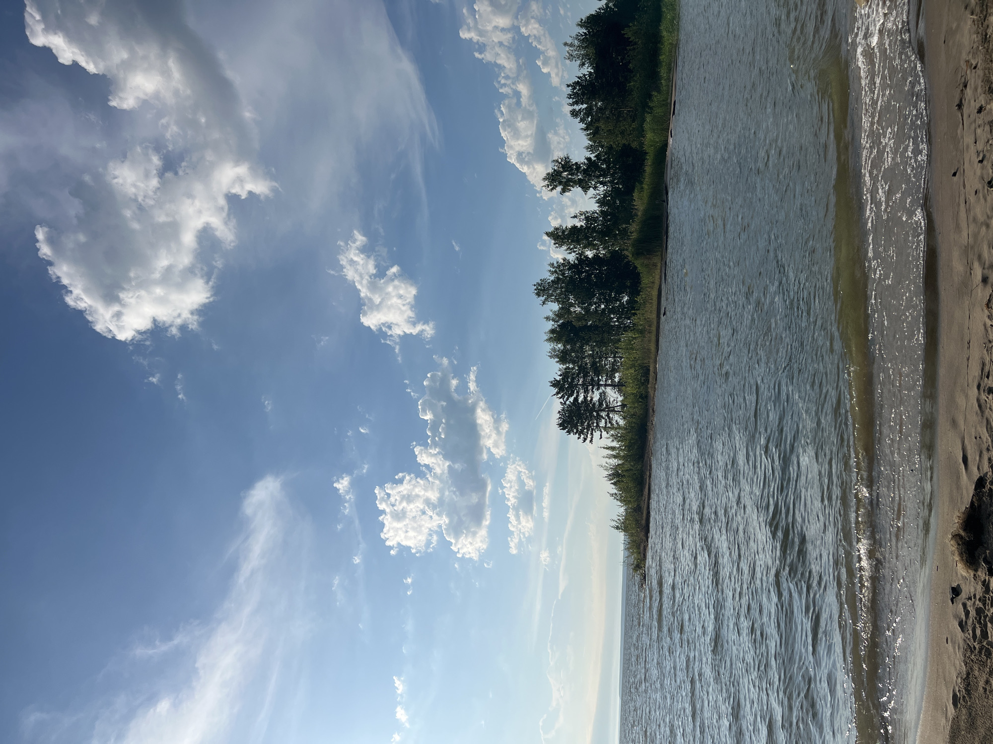 The image depicts a serene natural landscape, likely a shoreline, with a body of water in the foreground and a dense line of trees bordering the water's edge in the background. The sky above is a clear blue, dotted with fluffy white clouds. The water is slightly choppy, with small waves lapping at the sandy shore. Sunlight glints off the water's surface, suggesting it is daytime, possibly late afternoon or early morning given the soft light. The overall impression is one of tranquility and natural beauty. The location is identified as Borovoe, Russia. There are no people or animals visible in the scene. The environment is characterized by the presence of water, sand, vegetation, and a vast sky.