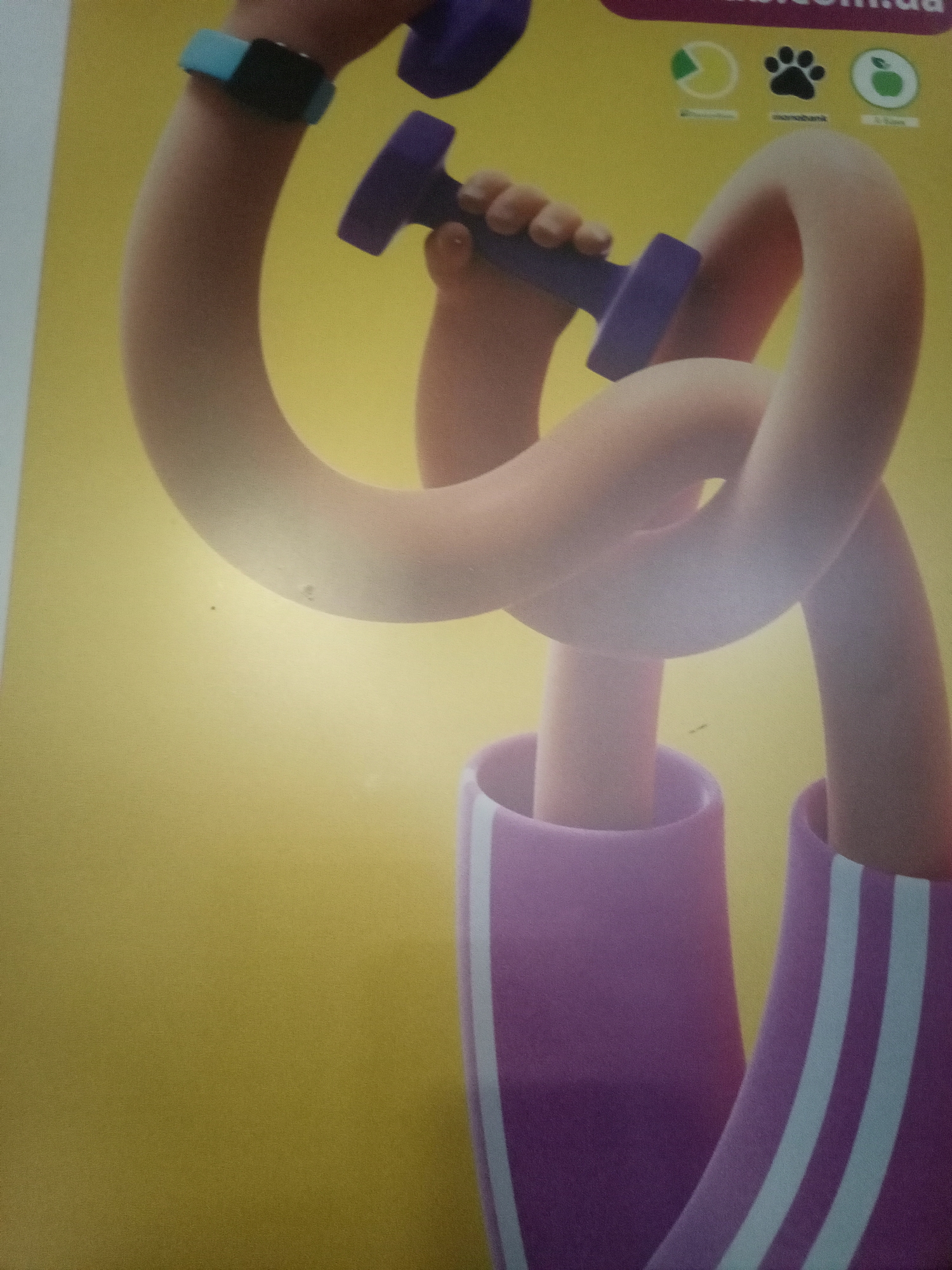 The image is a close-up, angled shot of a stylized 3D illustration of a person's arms and legs engaged in exercise. The person is wearing a blue and black smartwatch on their left wrist and is holding a purple dumbbell with their right hand. The arms are bent and intertwined, with the legs appearing to emerge from purple leg sleeves with white stripes. The background is a solid, bright yellow. The illustration is cartoonish and smooth, with no discernible facial features or other body parts visible. The overall scene suggests a focus on fitness or a healthy lifestyle. No specific location in the city of Unknown, Unknown is depicted.
