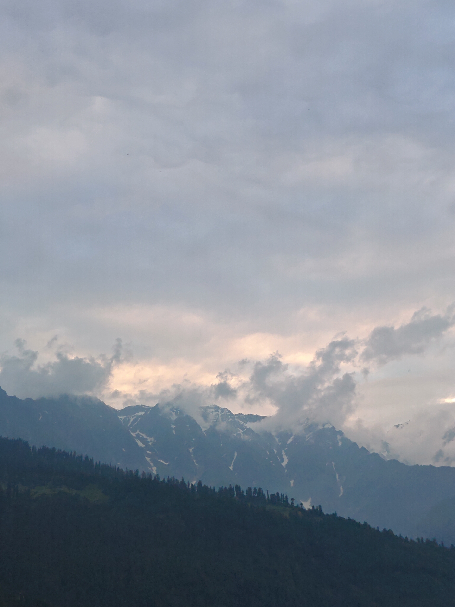 The image depicts a scenic view of mountains in Vashisht, India. The scene is dominated by a vast, cloudy sky in muted shades of gray and white, with a soft, ethereal glow peeking through the clouds in the middle distance, suggesting either dawn or dusk. Below the sky, a range of majestic mountains rises, their peaks partially obscured by mist and dramatic cloud formations. Patches of snow are visible on the upper slopes, contrasting with the darker, forested lower regions.
The lower part of the image features a dense, dark green forest that slopes downwards, creating a dramatic silhouette against the lighter background of the mountains and sky. The trees appear to be coniferous, forming a thick canopy that covers the mountainside. The overall atmosphere is one of serene, natural beauty, with a slightly moody and dramatic feel due to the cloudy weather and the imposing mountain landscape. The time of day is ambiguous but leans towards early morning or late evening due to the soft lighting. No people or specific objects are discernible, and there is no visible text. The setting is clearly a mountainous region, and the location context points to Vashisht, India, known for its natural beauty and spiritual significance.