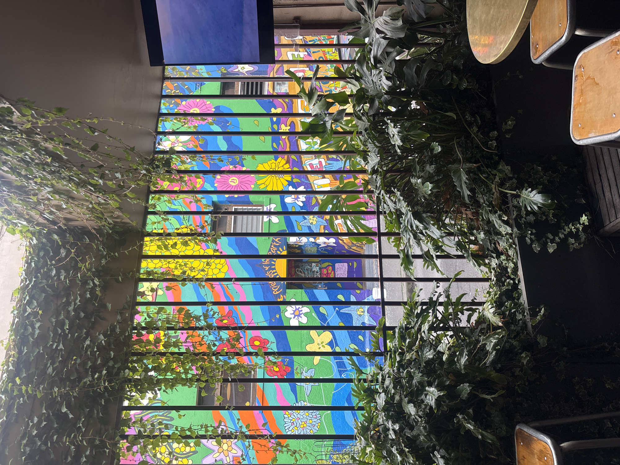 The image captures a vibrant outdoor seating area in Fitzroy, Australia, featuring a colorful mural on a building wall. A black metal fence separates the seating area from the mural. Lush green ivy cascades from above, partially obscuring the view of the mural. In the foreground, large potted plants with broad leaves are visible. Two metallic stools with wooden seats are positioned in the lower left of the frame, and a round brass table is partially visible on the right. The mural itself is a psychedelic display of colorful waves, flowers, and abstract shapes, with text that appears to read "Friends of the Earth." The setting suggests a lively and artistic urban environment.