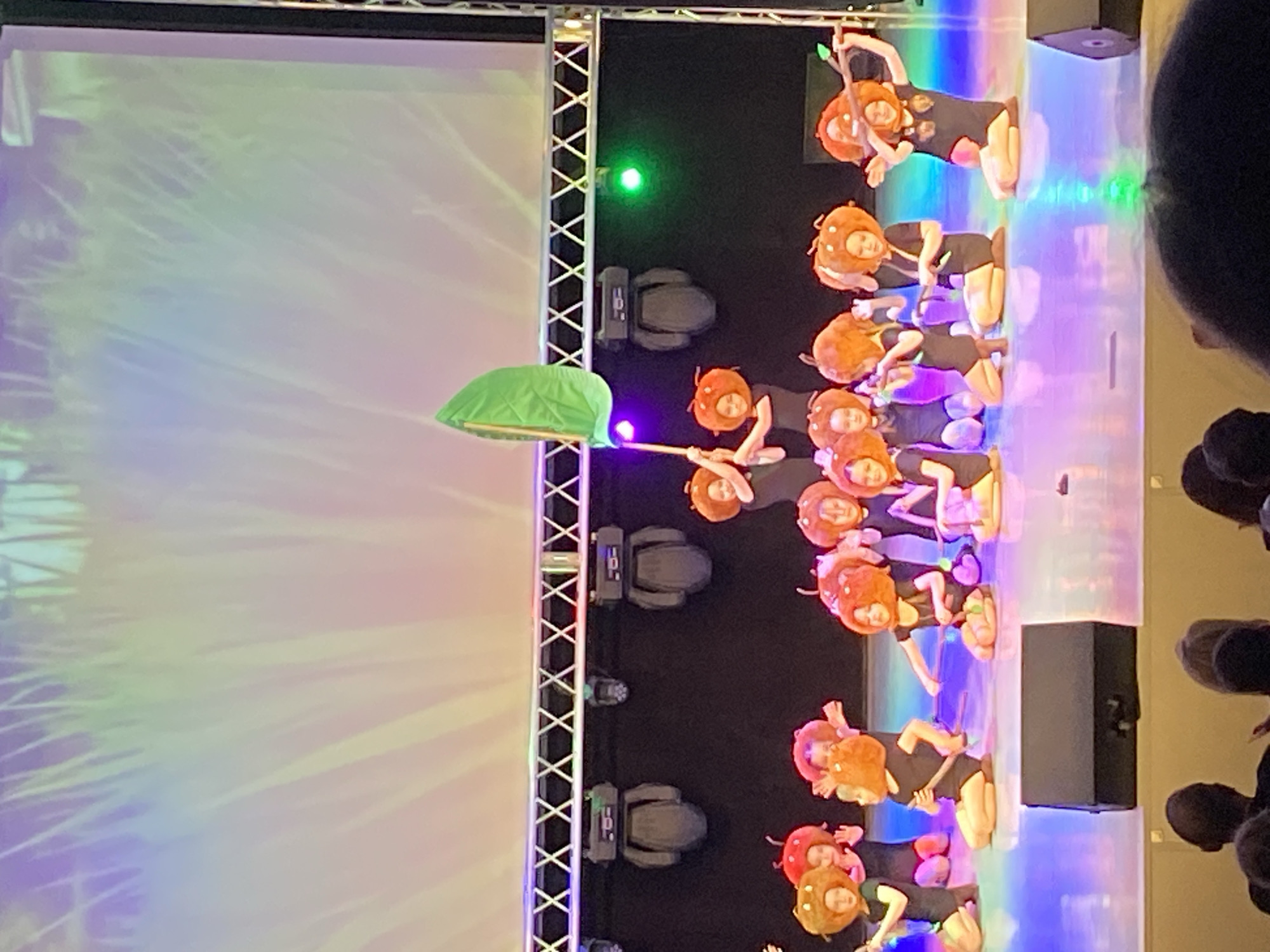 The image shows a performance on a stage, likely in an auditorium or theater, as evidenced by the presence of stage lighting, a large screen in the background, and theater seating visible on the right. A group of young people in costume are dancing or performing. The costumes feature round orange headgear and dark clothing. One performer is holding a prop resembling a large leaf on a stick. There are some stage lighting fixtures and equipment positioned between the dancers and the screen. The location is suggested to be in the city of Chaikovsky, Russia.