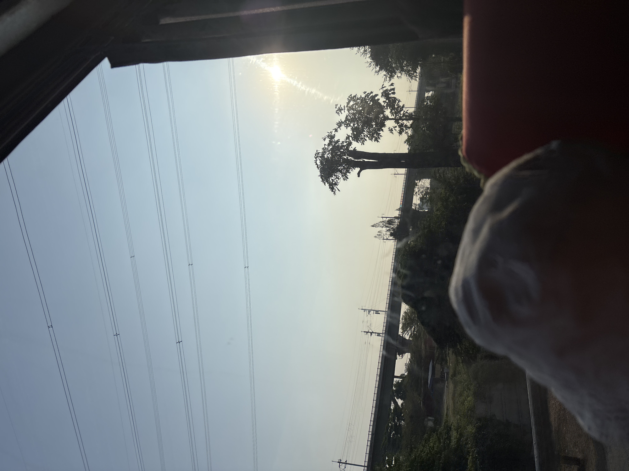 An exterior view from inside a vehicle shows a wide shot of the sky with several parallel power lines stretching across the upper portion. In the mid-ground, a concrete overpass with train tracks is visible, supported by columns and spanning across a vegetated area. Several trees are scattered throughout the landscape, with a particularly prominent, tall tree in the mid-ground silhouette against the bright sky. The sun is shining, creating a lens flare effect on the right side of the image. In the foreground, a blurry object, possibly a person's hand or a stuffed animal, is visible on the left, and a red object, likely a seat or cushion, is on the right. The overall scene suggests a travel or commute through a semi-urban or rural area of Hegarmukti, Indonesia, during daylight hours.