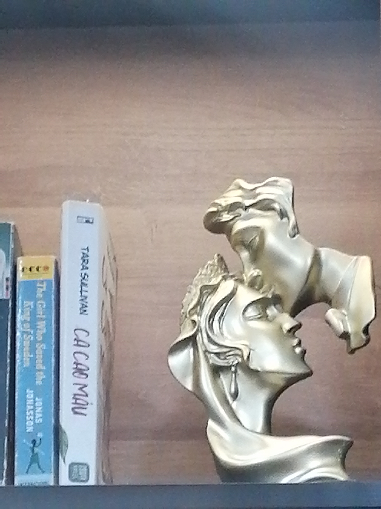 The image shows a shelf with books and a golden-colored sculpture of two intertwined human faces. The books on the shelf have titles written in both English and Vietnamese. One is titled "The Girl Who Saved the King of Sweden" by Jonas Jonasson, and another is "Cacao Mau" by Tara Sullivan. The background is a plain wooden surface. There is no indication of location within Da Lat, Vietnam, or any people present in the image.