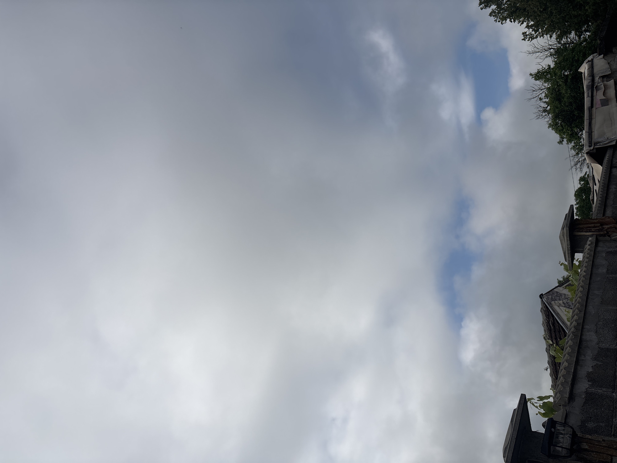 This upward-facing image captures a partially cloudy daytime sky, with the tops of structures and trees visible along the right and bottom edges. The majority of the frame is dominated by a mixture of grey and white clouds, with discernible patches of blue sky peeking through, particularly towards the upper right and lower middle sections.
On the right side, the edge of a building or wall made of dark, textured blocks, possibly stone or concrete, is visible. Green foliage, appearing to be vines or small plants, grows along the top edge of this structure. Further up and to the right, another structure's roofline is present, covered with what appears to be worn, light-colored sheeting or tarpaulin. Lush green tree canopies with some bare branches are also visible, bordering the sky from the top right. In the bottom-right corner, a dark-colored outdoor light fixture is mounted on the wall structure.
No people or specific activities are depicted in the scene. The natural light suggests it is daytime, with a partially overcast sky. The structures appear somewhat aged or rustic. The setting is in Yana, Bulgaria. There is no visible text in the image.