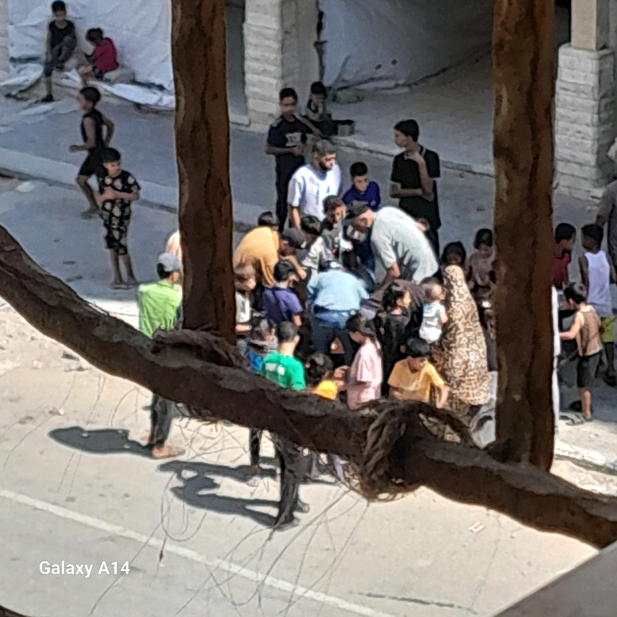 This image captures a scene in the city of Khan Yunis, Palestinian Territories, showing a group of people, mostly children and young adults, gathered in an outdoor urban environment. The ground is paved, with some cracks and debris visible. There are large, rough, brown tree trunks in the foreground, obscuring parts of the scene, with thin, wire-like tendrils hanging from them. In the background, there are simple, light-colored structures, some with visible brickwork, suggesting a damaged or incomplete urban landscape.
The individuals are dressed in casual clothing. Several children are seen standing and interacting. In the mid-ground, a cluster of people are gathered, with some appearing to be observing or talking. One person is wearing a bright green shirt, another a light blue shirt, and others are in darker clothing. Some of the individuals are looking down or away from the camera. There is a sense of a community gathering, possibly in an area affected by conflict or poverty, given the surroundings and the clothing of some individuals. The overall impression is one of everyday life unfolding amidst a potentially challenging environment.
