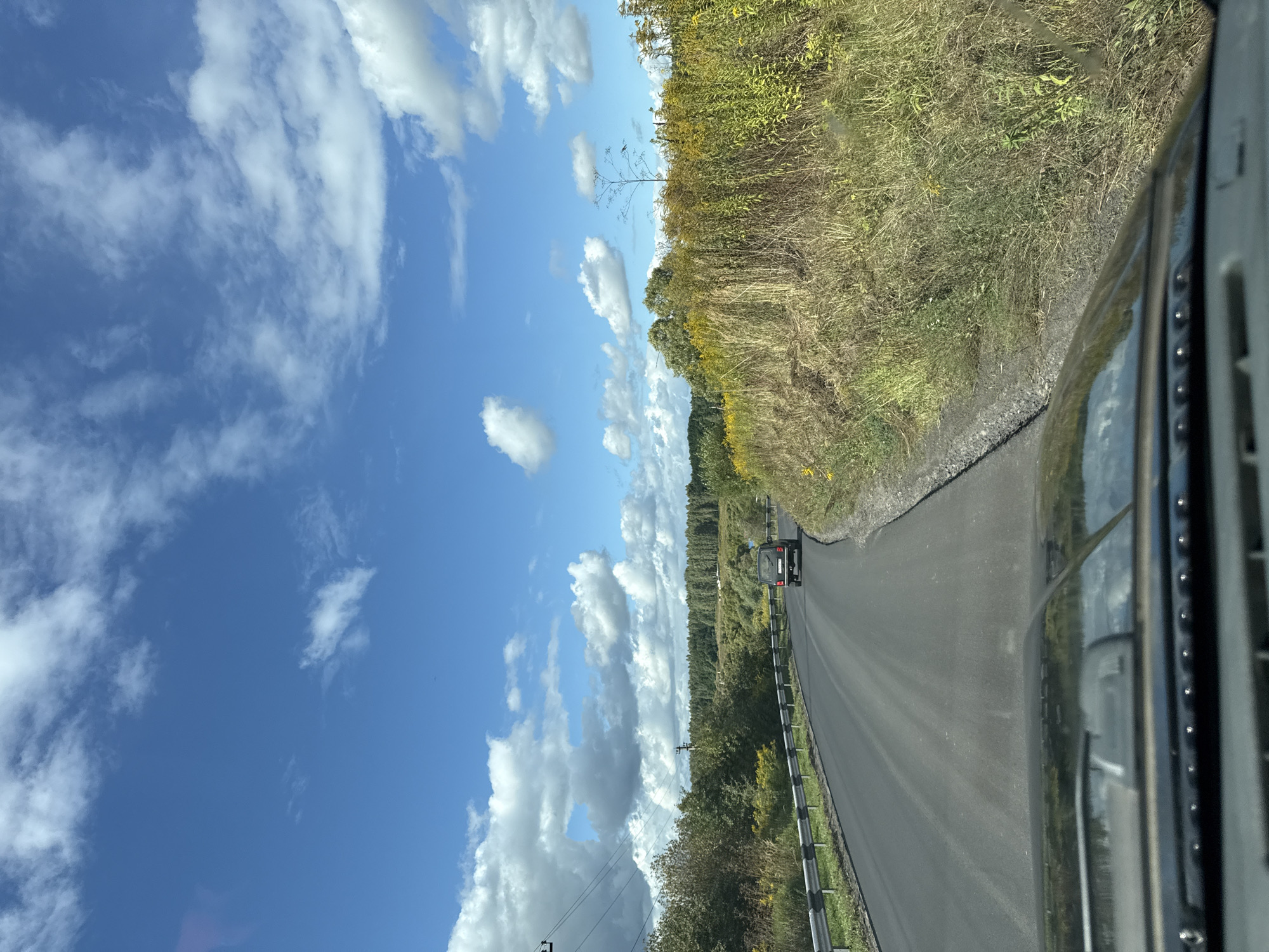 A dark-colored SUV is driving on a paved road through a rural landscape in Razvetye, Russia. The road is flanked by a metal guardrail on the left and tall, dry grass and vegetation on the right. In the distance, a dense forest lines the horizon. The sky is a bright blue with scattered white cumulus clouds, suggesting a pleasant, possibly autumnal day. The scene is viewed from inside another vehicle, with the hood and windshield visible in the foreground.