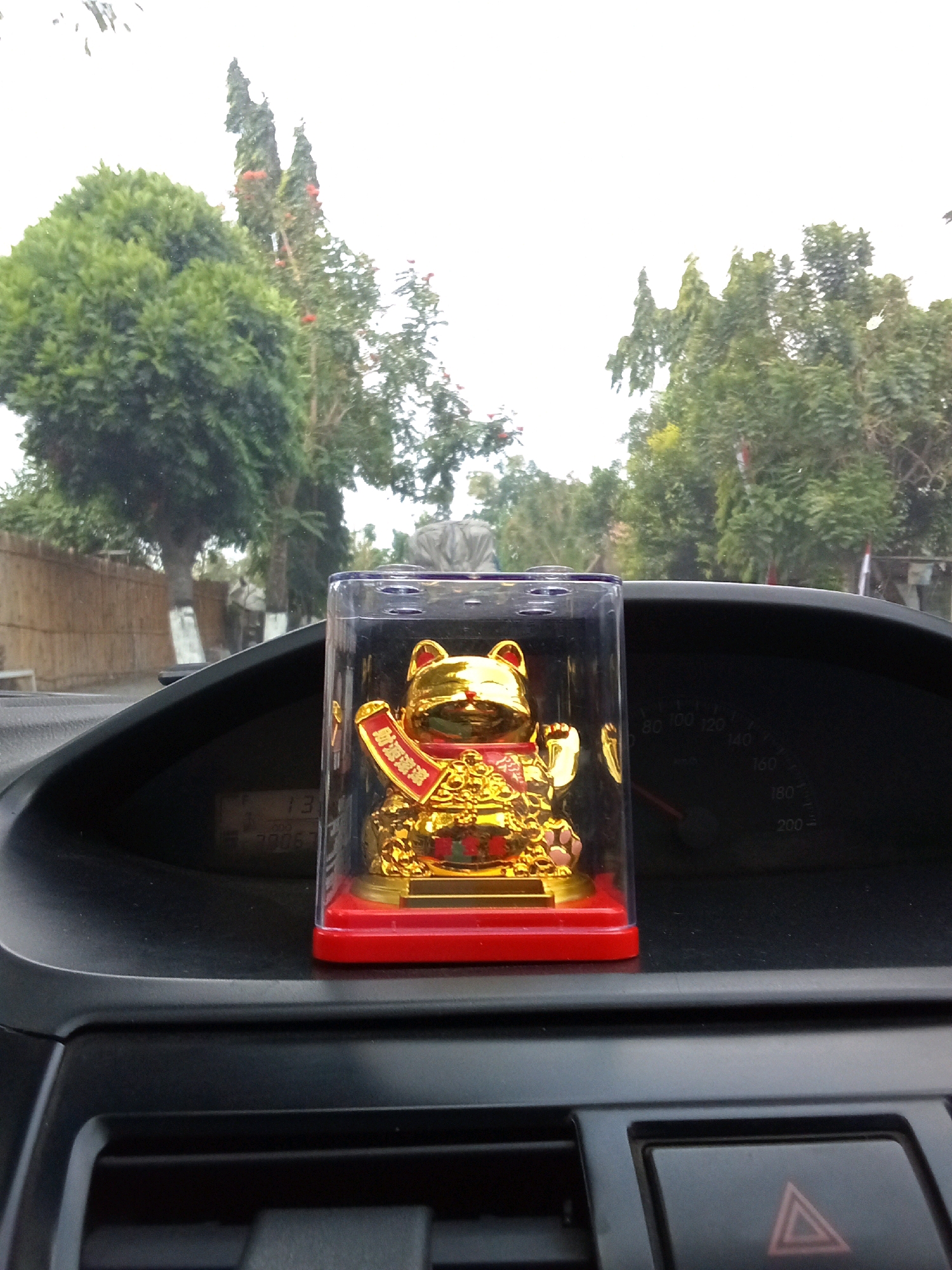 This is a close-up, eye-level, outdoor shot taken from the interior of a car. The focal point is a golden Maneki-neko (beckoning cat) figurine encased in a clear plastic box with a red base. The figurine is positioned on the car's dashboard, slightly to the right of center. Behind the figurine, the car's speedometer and odometer are partially visible. The background shows a blurred view of trees and a wooden fence. The image appears to have been taken in a residential or semi-rural area, possibly on a street in Ngasem, Indonesia, given the lush greenery and fence style. The lighting suggests it is daytime, possibly overcast, as there are no strong shadows.