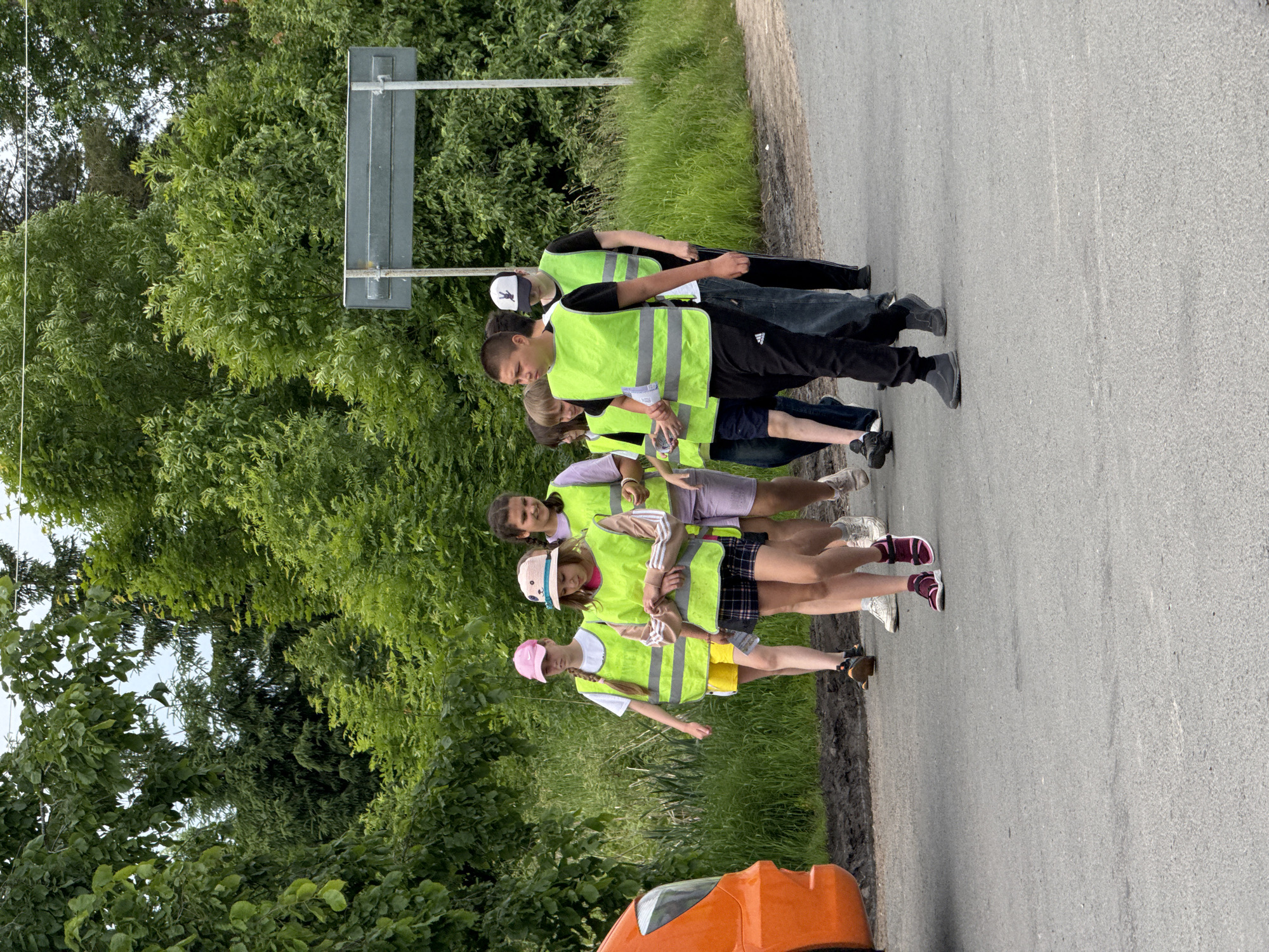 The image depicts a group of eight individuals, appearing to be children or young teenagers, walking along a paved road. They are all wearing high-visibility lime green vests over their clothing. Six of the individuals are clearly visible, while two are partially obscured. The group is walking from left to right in the frame, towards the viewer.
In the foreground, on the far left, is the side of an orange vehicle. The road surface is asphalt. To the right of the road, there is a grassy area with some mud or dirt. Behind the grassy area, a dense line of lush green trees and foliage forms the background, with a clear sky visible above. A grey signpost with two horizontal rectangular panels is visible in the background, mounted on metal poles.
The individuals are dressed casually. One girl in the front left wears a pink cap, a white t-shirt, and yellow shorts. She is followed by a girl with a straw hat with a ribbon, wearing a pink and white striped top and checkered shorts. Behind them, another girl in purple shorts and a white t-shirt is partially visible. Further back, a boy in a black t-shirt and black pants, wearing a white cap with a black design, is walking alongside another boy in a black t-shirt and jeans, both wearing green vests. Two other individuals are further back and less distinct. The overall impression is of an outdoor activity or excursion. The environment suggests a rural or suburban setting, possibly on the outskirts of a city, given the road and the natural surroundings. There is no specific visual information in the image that directly indicates the location as Veliky Novgorod, Russia.