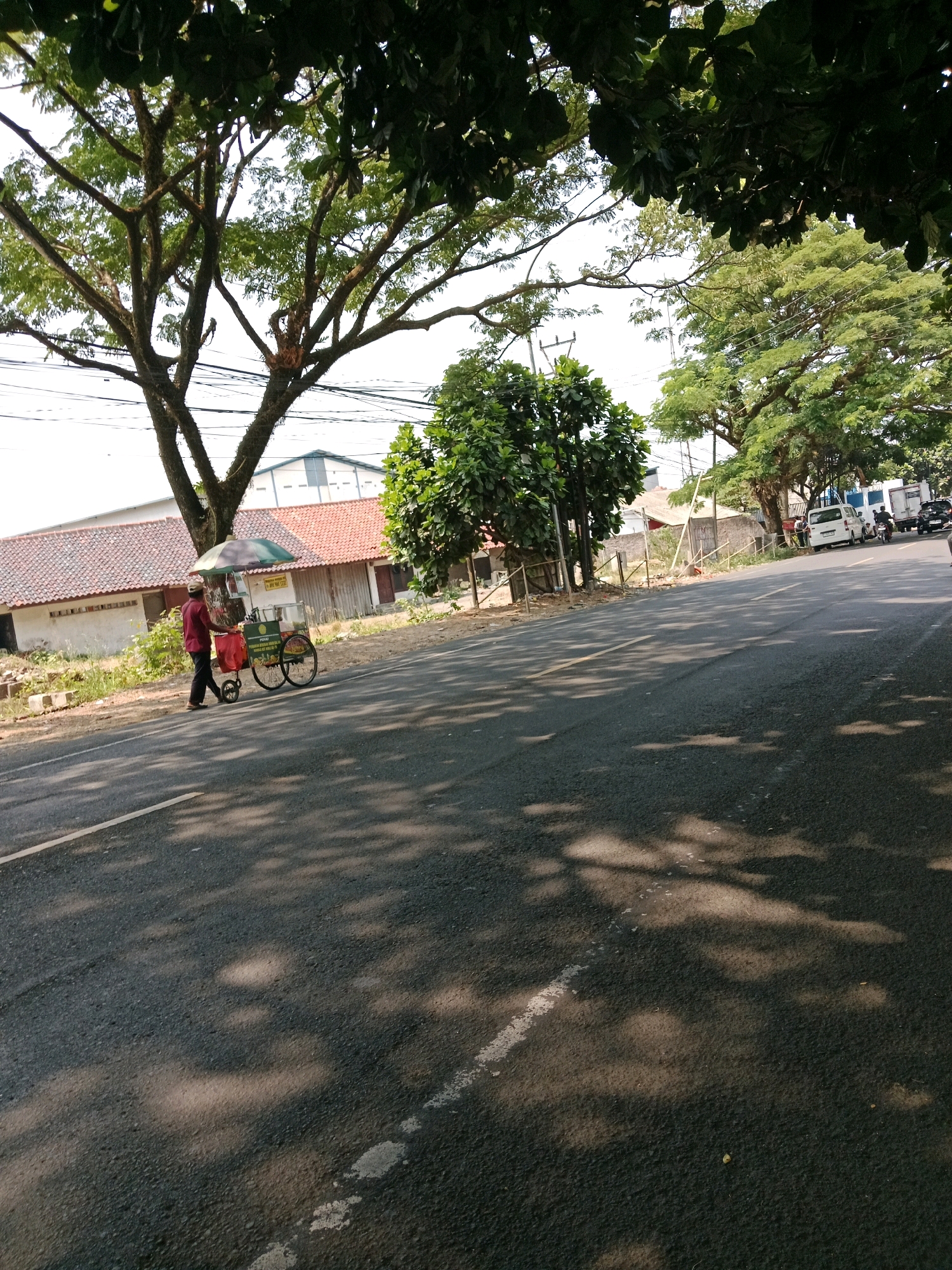 The image depicts a roadside scene in Karangtengah, Indonesia, on a bright, sunny day. A person, wearing a maroon long-sleeved shirt, dark pants, and a cap, is pushing a food cart along the asphalt road. The cart has two wheels, a multi-colored umbrella providing shade, and various items displayed on it. Behind the cart, a red bag is visible. The road is bordered by a grassy area and a low fence. In the background, a building with a reddish-orange tiled roof and a light-colored facade stands. Further back, more trees and some parked vehicles, including a white van and a truck, can be seen. The scene is characterized by dappled sunlight filtering through the dense foliage of large trees lining the road, creating shadows on the asphalt. The environment appears to be a semi-urban or rural setting.