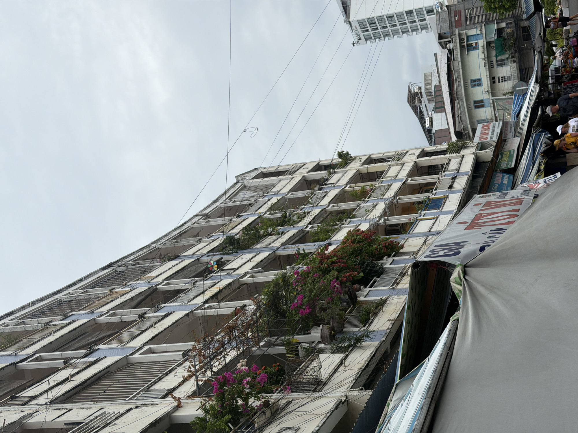 The image shows a street scene in Nha Trang Ward, Vietnam. A tall, weathered building with many open balcony spaces is the main subject. Vegetation, including trees, flowers, and other plants, grows on some of the balconies. The building's facade is a light color, possibly white or light gray. Power lines are strung across the front of the building. A tent or awning structure with a sign is visible in the foreground. Additional buildings, including a modern high-rise, are partially visible in the background, along with people moving about on the street. The sky is overcast.