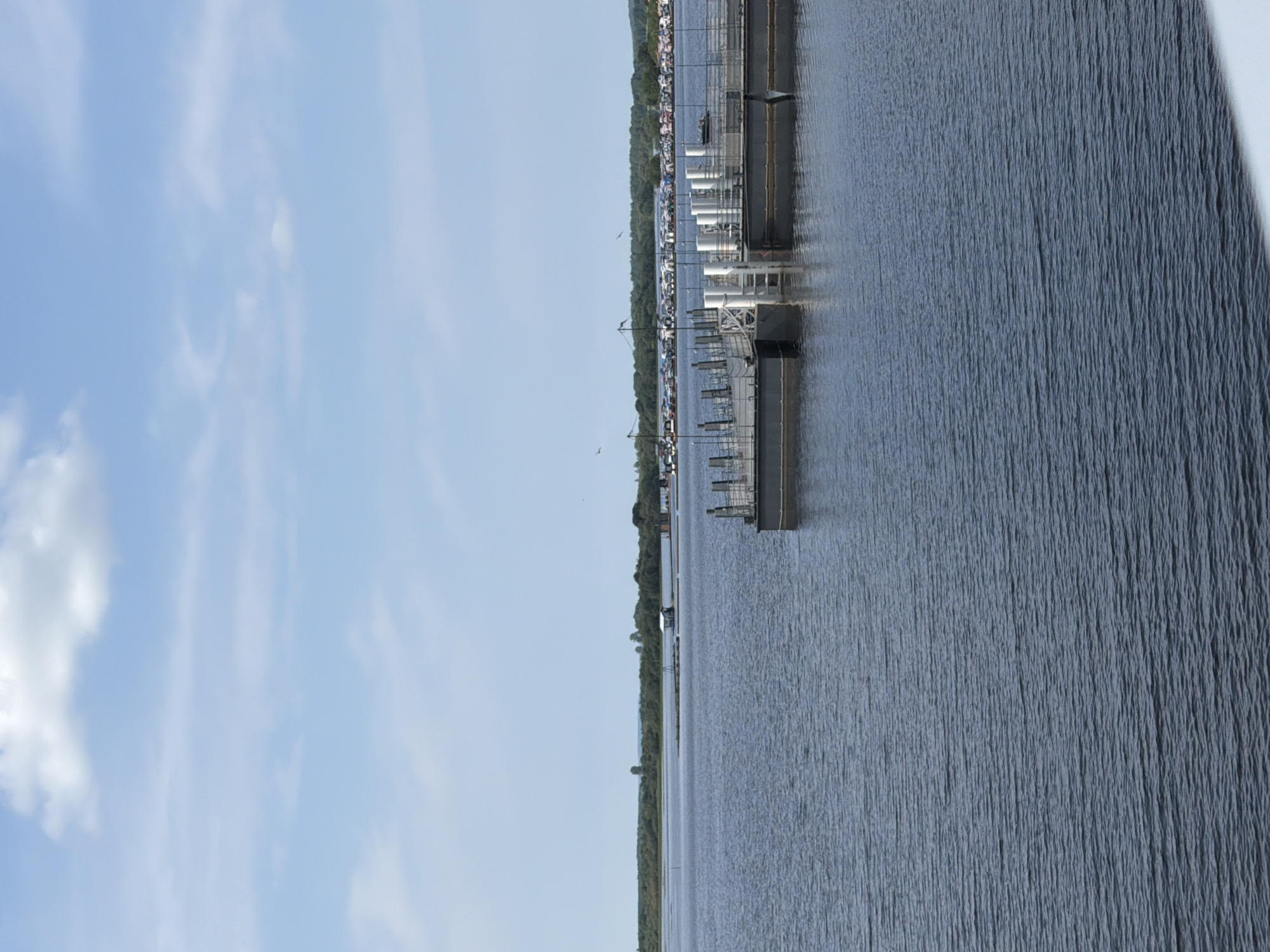 The image shows a wide body of dark blue water with a gentle ripple. In the foreground, a section of a white structure, possibly a railing or part of a boat, is visible at the bottom right. In the mid-ground, a floating dock with metal railings and white posts extends into the water. Beyond the dock, a tree-lined shore is visible under a bright blue sky with scattered white clouds. A line of vehicles, possibly parked cars, is visible along the shore. The scene depicts a waterfront area, likely a marina or harbor, under a daytime sky. There are no people visible in the image.