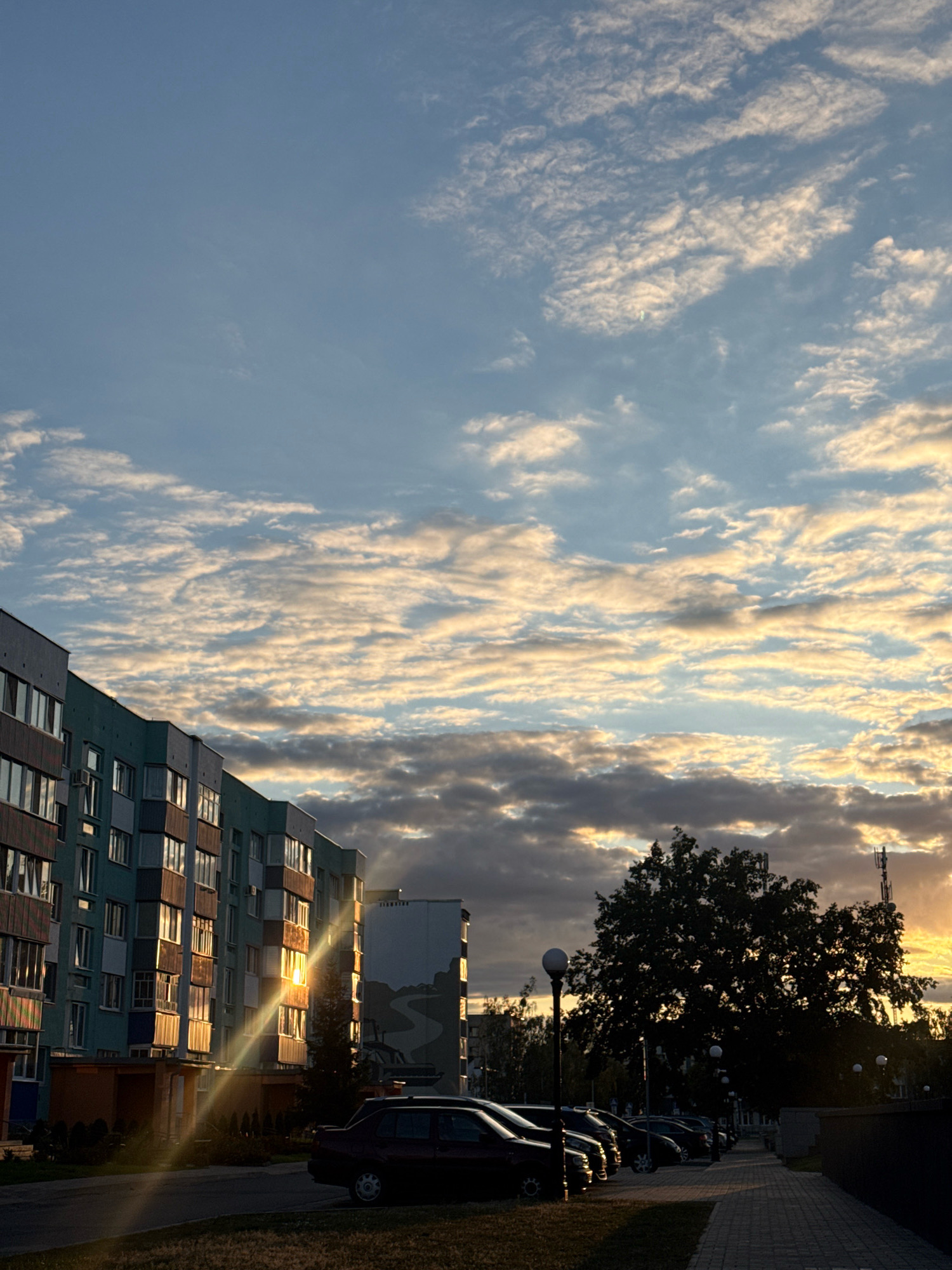The image depicts a street scene in Mikashevichy, Belarus, during a sunset. A multi-story apartment building, painted in shades of teal and brown, dominates the left side of the frame. Sunlight beams through the windows, creating a warm glow. In front of the building, a row of parked cars, including a dark red sedan, are visible. The street is paved with grey bricks, and a grass lawn borders it. A large, dark tree stands in the center of the image, silhouetted against the vibrant sky. The sky is filled with dramatic clouds, illuminated by the setting sun, casting a warm, golden light. The overall impression is one of a tranquil evening in an urban setting.