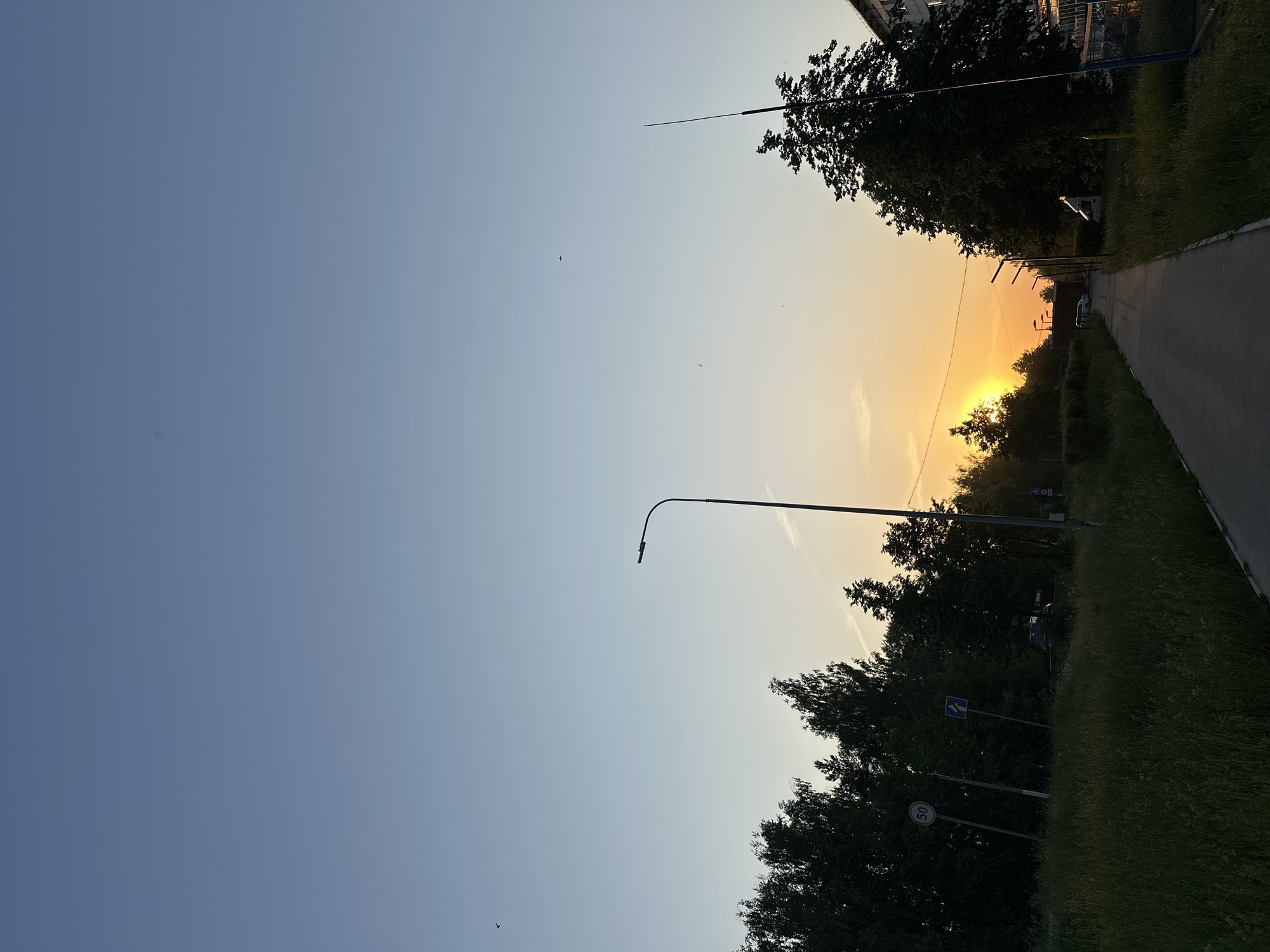 The image shows a view of a street in what is likely Chaikovsky, Russia, given the context. The image is oriented vertically. The sky is a gradient from blue to orange. On the right side, a road is visible, flanked by trees and grass. Streetlights line the road. Traffic signs are present. The sun appears to be setting in the distance. No people are clearly visible. The scene is a quiet, possibly suburban street at dusk or dawn.